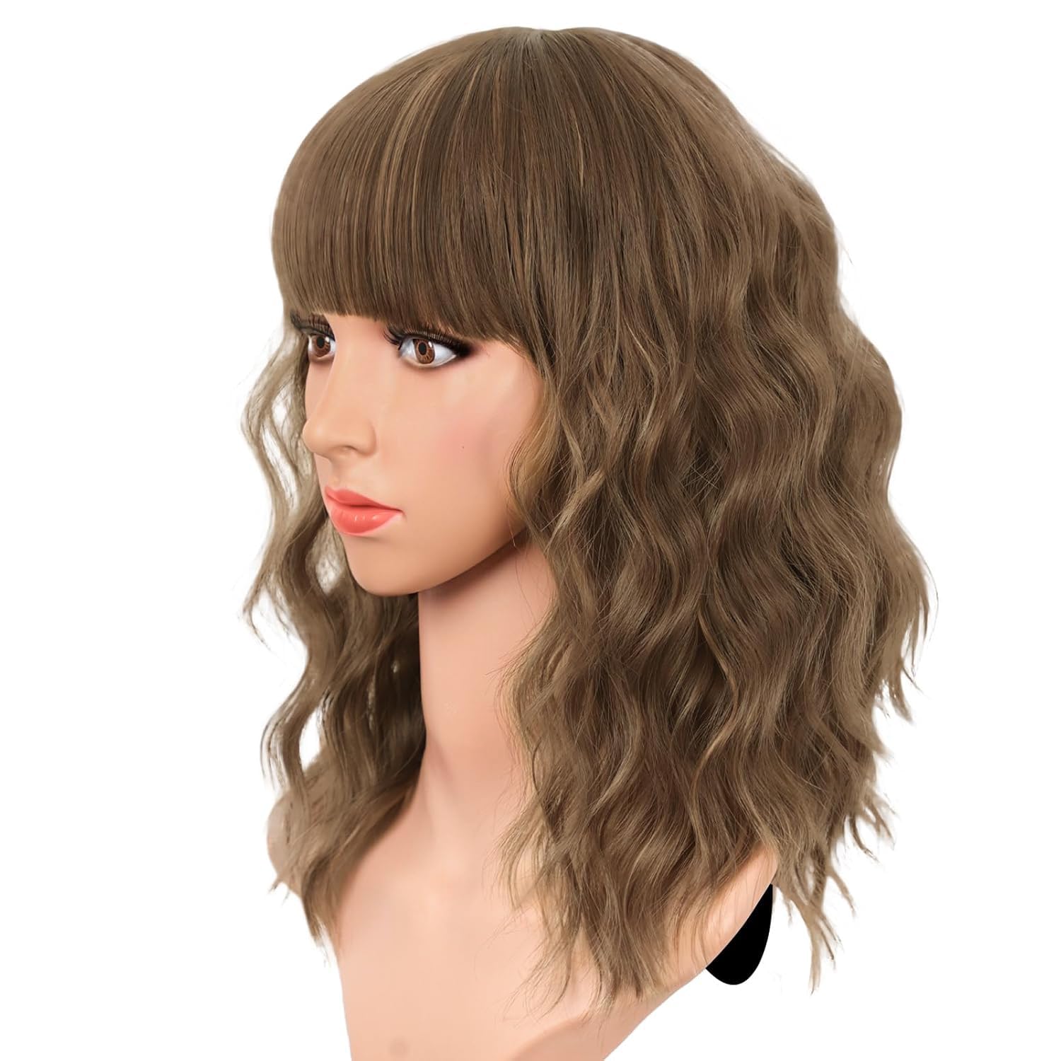 Aisi Hair Synthetic Wavy Curly Bob Wig With Bangs Brown Mix Caramel Blonde Wig Short Bob Wavy Hair Wigs For Women Synthetic Heat