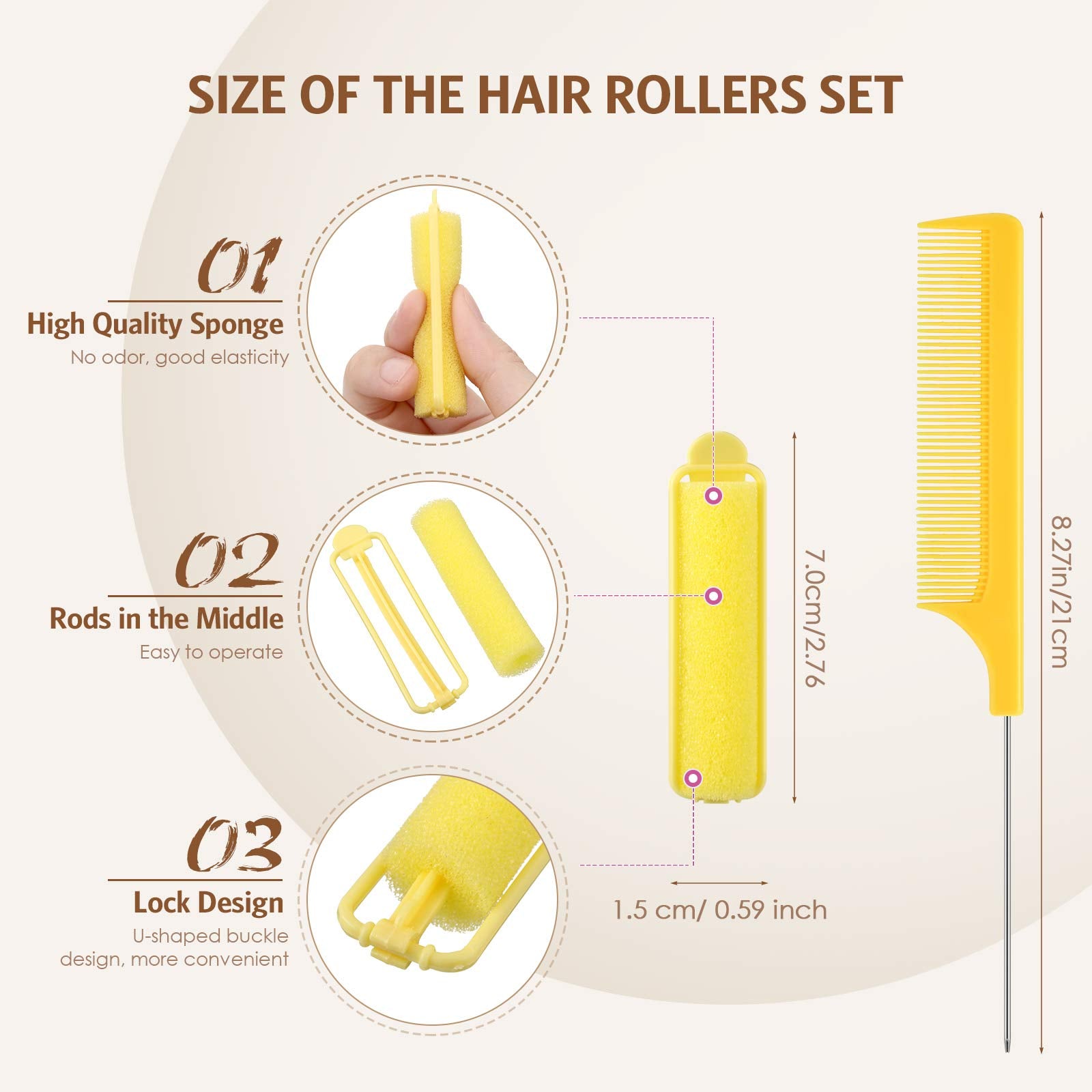 43 Pieces Soft Foam Sponge Hair Rollers 0.59 Inch Set With Stainless Steel Comb For Curling And Styling (Yellow)