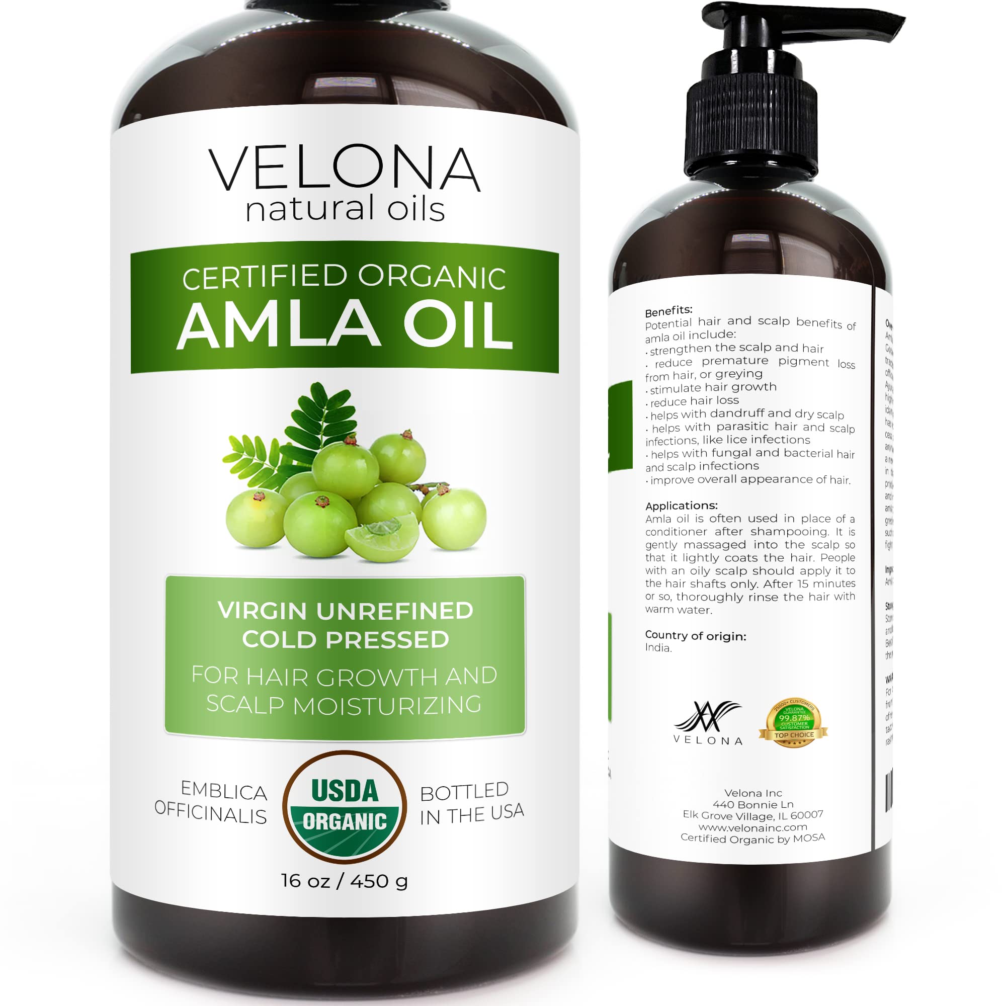 velona Amla Oil USDA Certified Organic - 16 oz | 100% Pure and Natural Carrier Oil | Extra Virgin, Unrefined, Cold Pressed | Hai