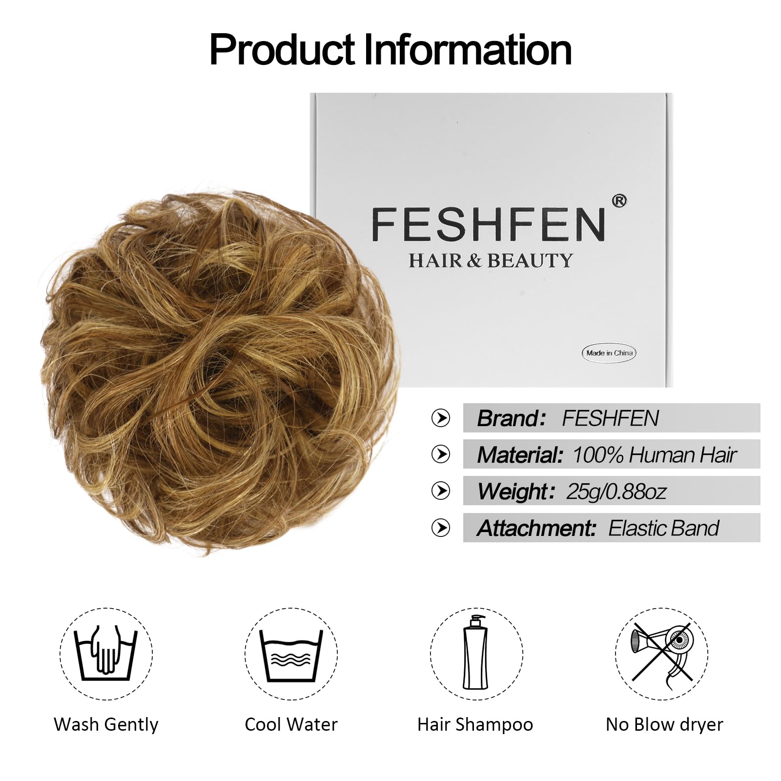 Feshfen Human Hair Messy Buns, 100% Human Hair Bun Hair Piece Real Hair Extension Wavy Curly Hair Scrunchies Tousled Updo Chigno