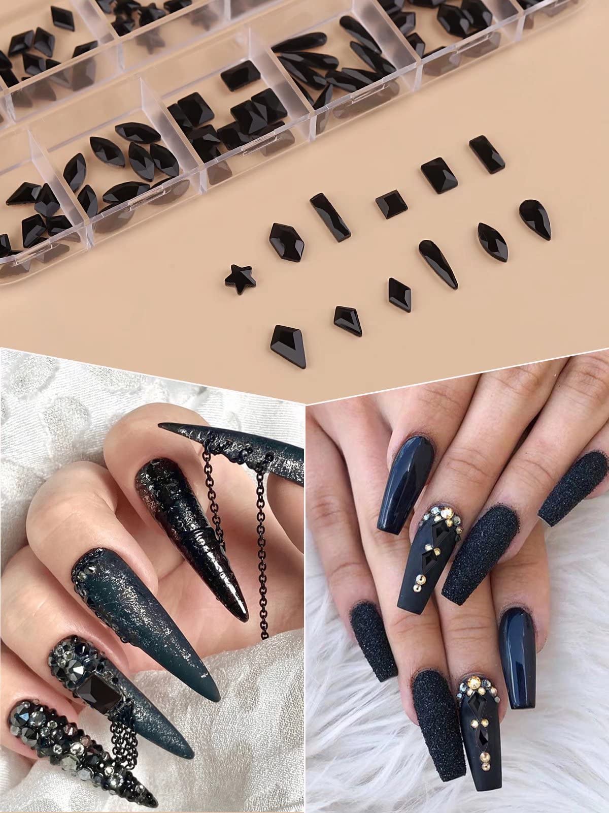 3120Pcs Black Nail Charms EBANKU 3D Black Nail Rhinestones Crystal Jewels Diamond Gems for Nail Decorations with Wax Pen Tweezer