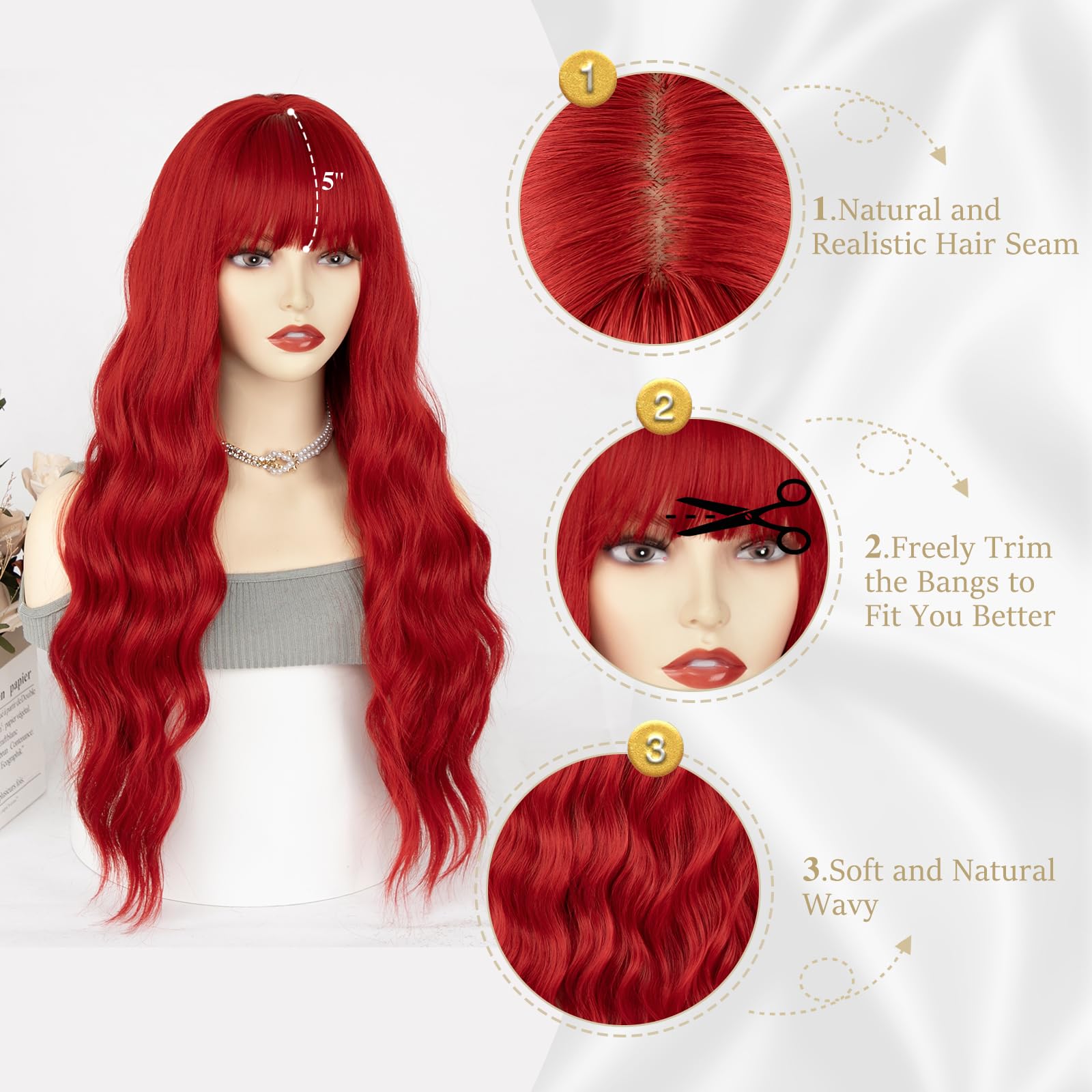 Entranced Styles Red Wig With Bangs Red Wigs For Women Synthetic Heat Resistant Fiber Wig Womens Wavy Wigs Long Curly Wig For Da