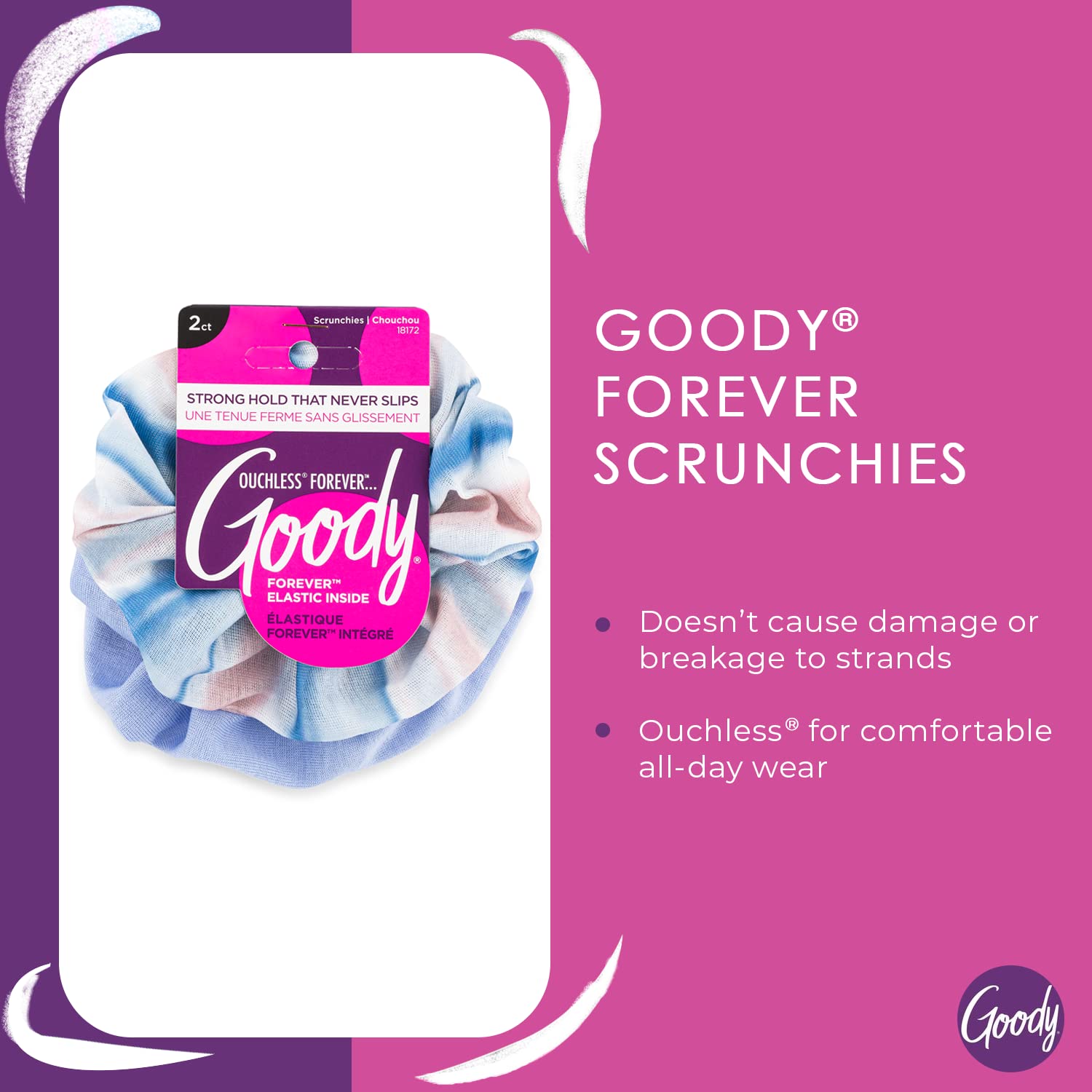 Goody Ouchless Forever Cotton Scrunchies, 2 Ct, Blue Stripes, 3X Stronger Damage-Free Hold Hair Scrunchies, 16 Strand Inner Core