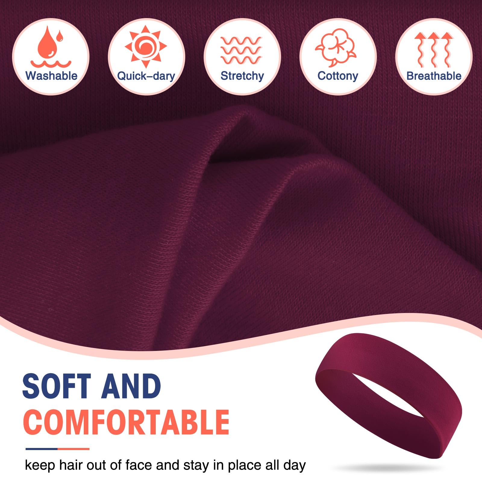 Hotop 20 Pcs Sport Stretchy Headbands for Girls Women Non Slip Soft Fabric Elastic Headband Bulk for Yoga DIY Team Gifts(Burgund