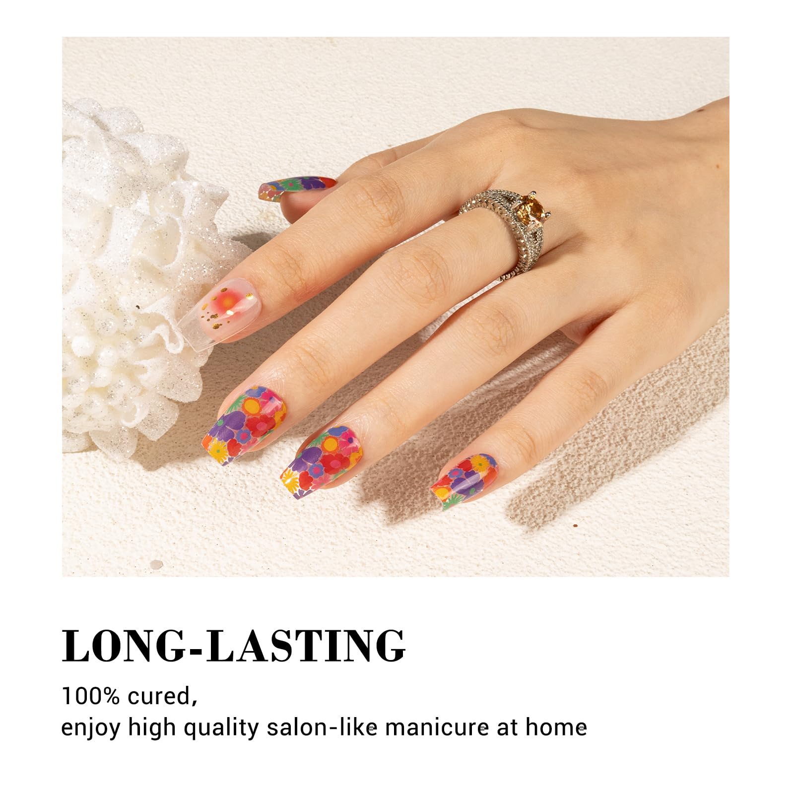 Melodysusie Semi Cured Gel Nail Strips (Flower Filled)- Works With Nail Lamp, Salon-Quality, Long Lasting, Easy To Apply & Remov