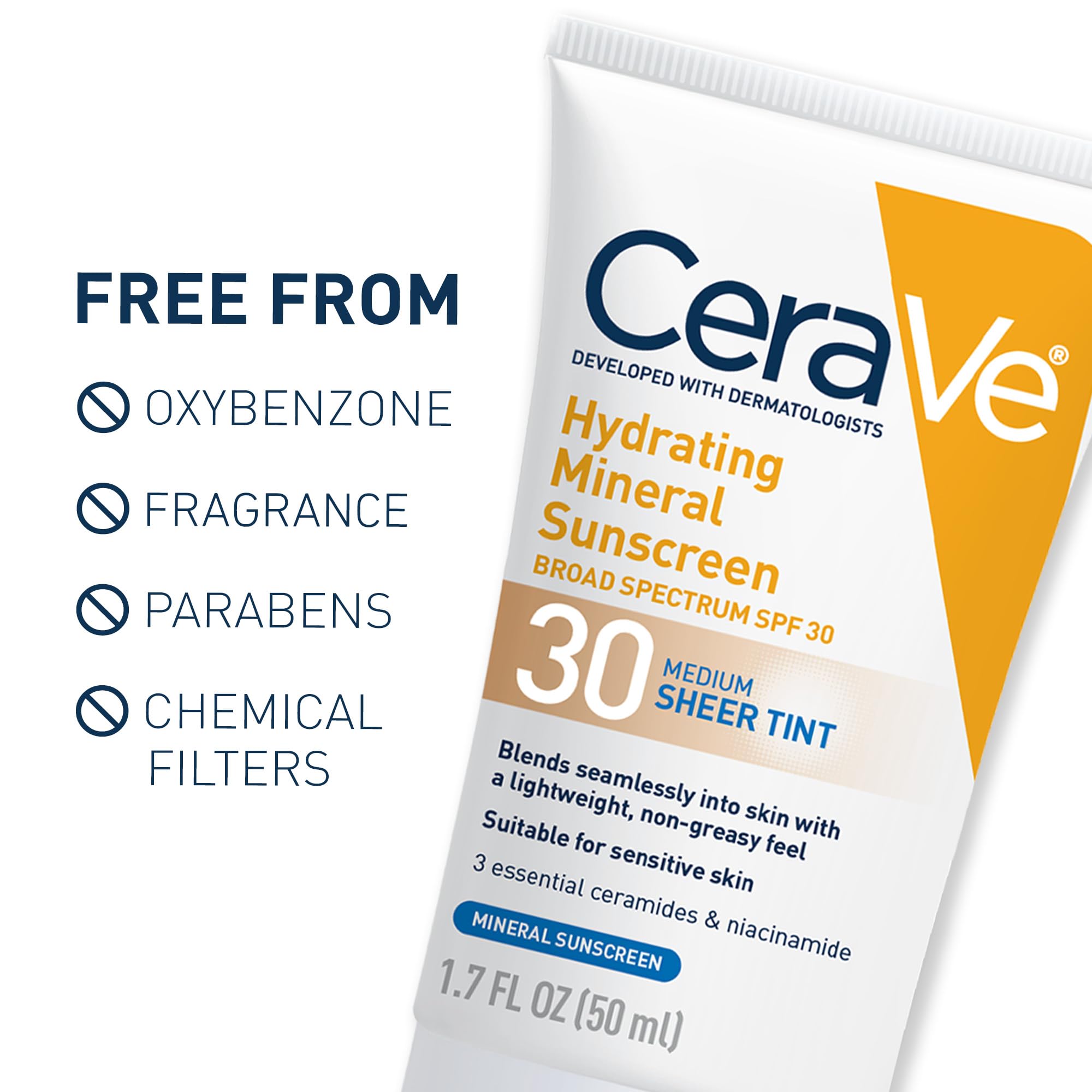 Cerave Hydrating Mineral Sunscreen Spf 30 With Sheer Tint | Tinted Mineral Sunscreen With Zinc Oxide & Titanium Dioxide | Blends