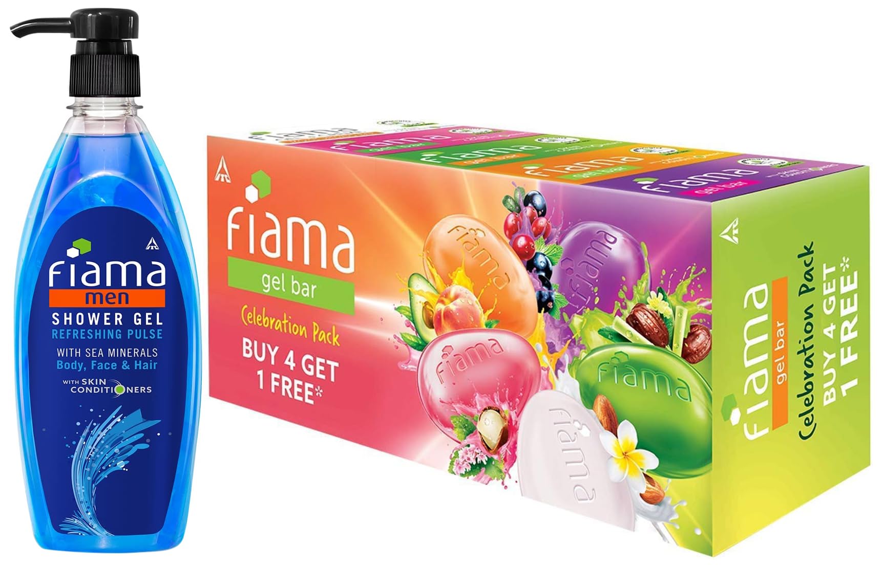 Fiama Men Shower Gel Refreshing Pulse, 500Ml Pump & Gel Bar Celebration Pack With 5 Unique Gel Bars & Skin Conditioners, 125G So