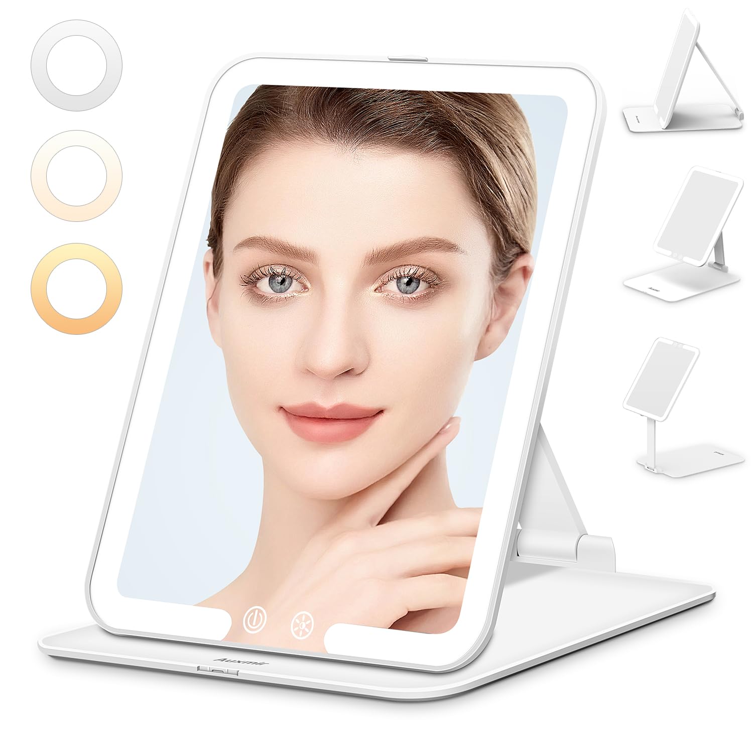 Auxmir Foldable Makeup Mirror With 3 Dimmable Color Lights, Usb Rechargeable Lighted Vanity Mirror With Touch Screen, Compact &