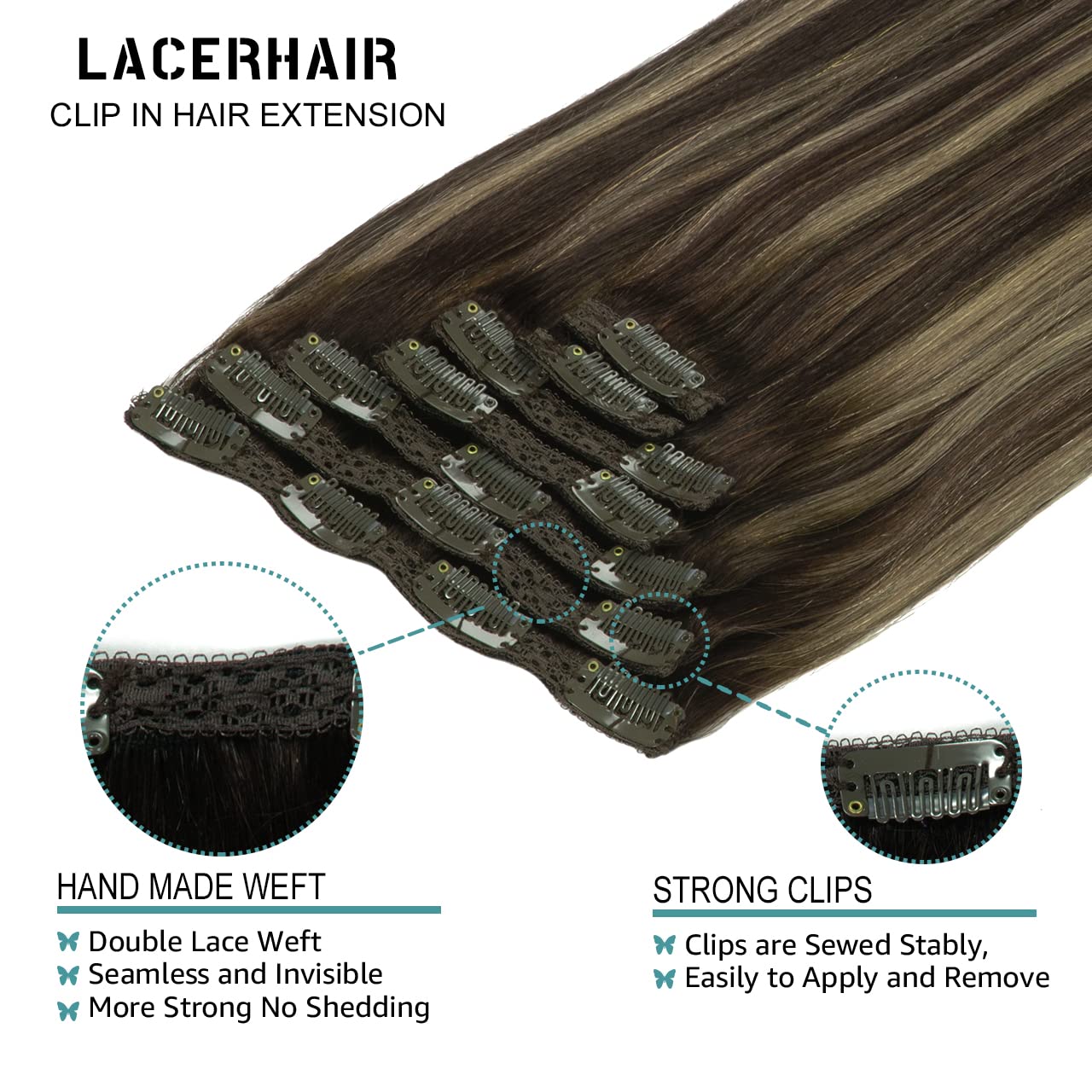 Lacer Hair 14 Inch Full Head Clip in Hair Extensions Human Hair Rooted Dark Brown to Chestnut Brown Highlight Dark Brown Remy Hu