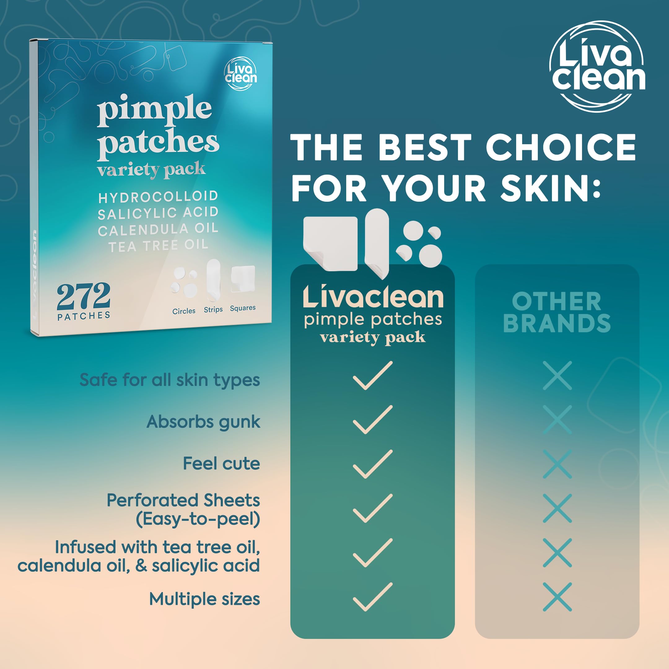 LivaClean 272 CT Pimple Patches Variety Pack w/ Tea Tree Oil, Salicylic Acid & Calendula Oil - Pimple Patches Large, Large Pimpl