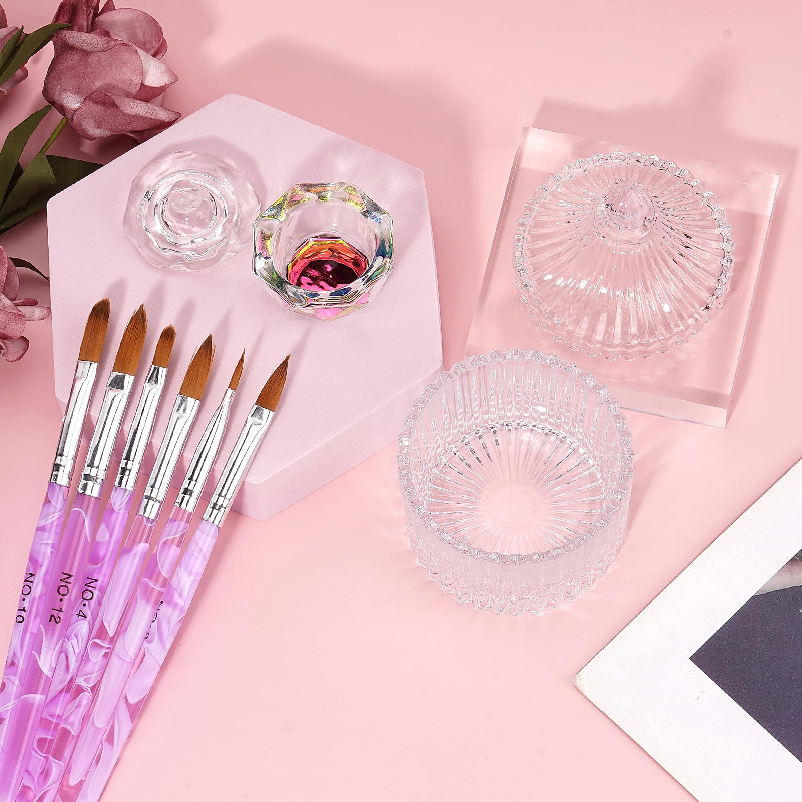 Acrylic Nail Brush Dappen Dish Set - 6Pcs Acrylic Nail Brush And 2Pcs Crystal Dappen Dish With Lid For Acrylic Nails, Monomer Di