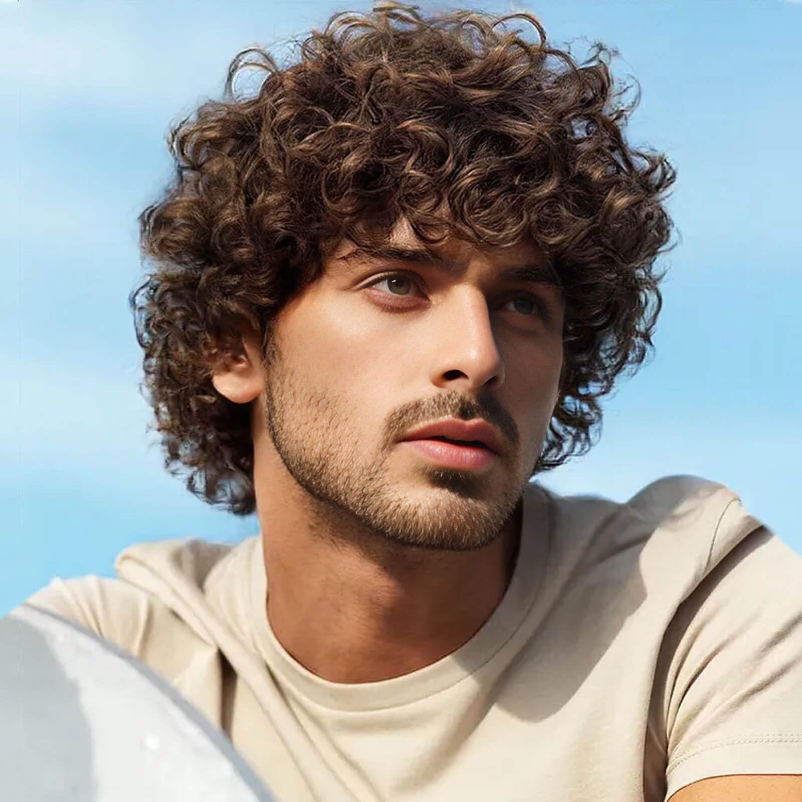 Creamily Men's Wig Short Brown Curly Wig Fully Hair Wigs with Bangs Natural Curly Synthetic Hair Replacement Wig Party Cosplay H