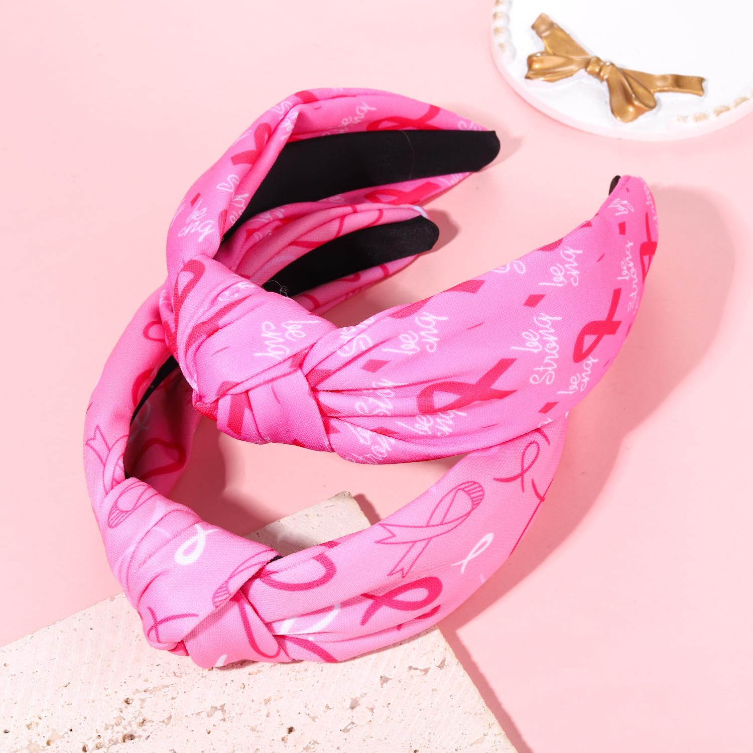 HEIDKRUEGER Knotted Headband for Women Breast Cancer Awareness Headband Printing Pink Ribbon Headbands Wide Pink Hairband Hair A