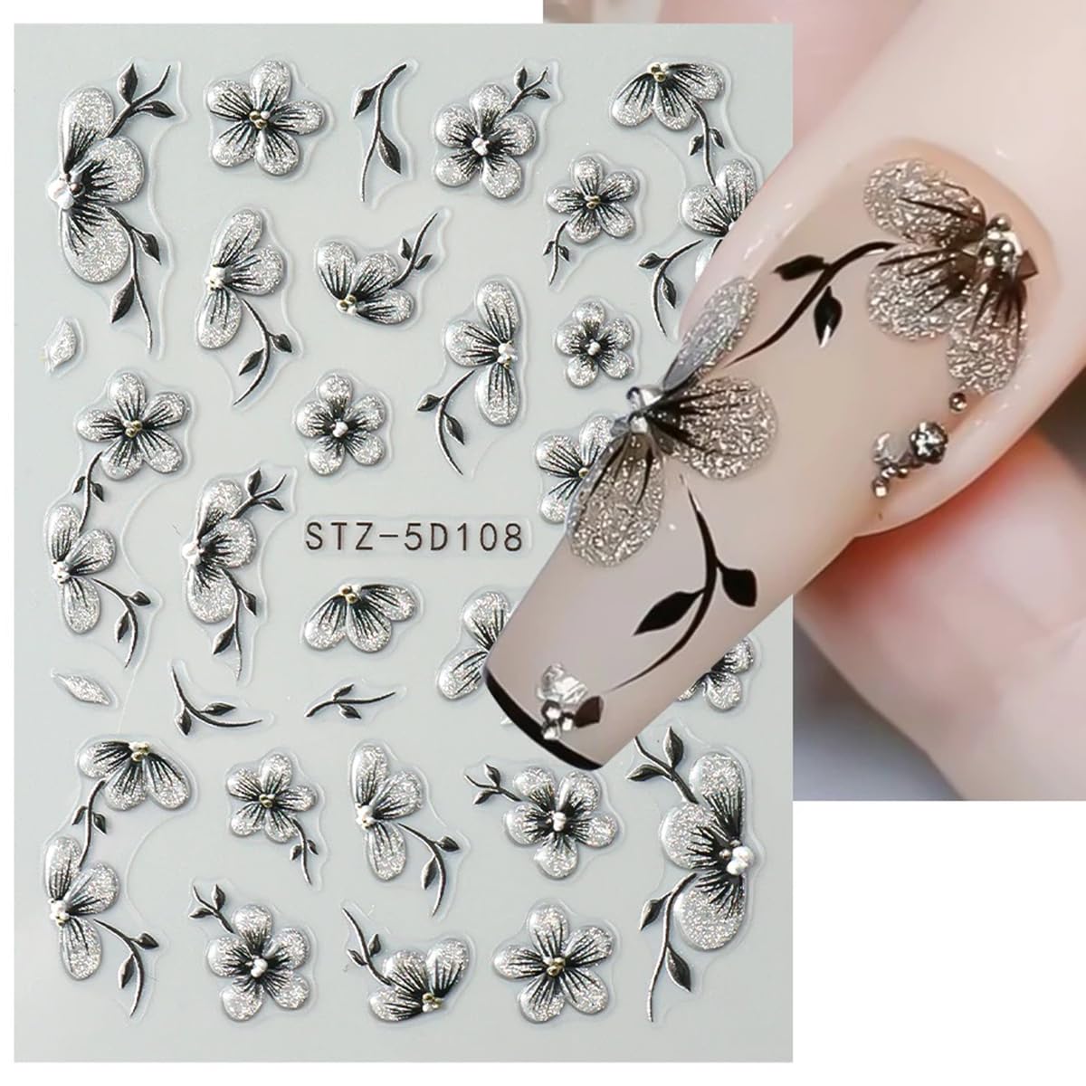 Flower Nail Art Stickers Decals 5D Embossed Flower Nail Decals Nail Art Supplies Watercolor Ink Floral Leaf Petal Design Summer