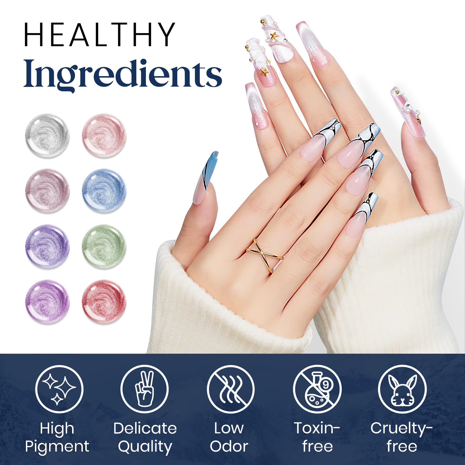 Mizhse Cat Eye Gel Nail Polish, 8 Colors Smoothie Magnetic Gel Polish Kit With Magnet Stick, Holographic Glitter Galaxy Winter C