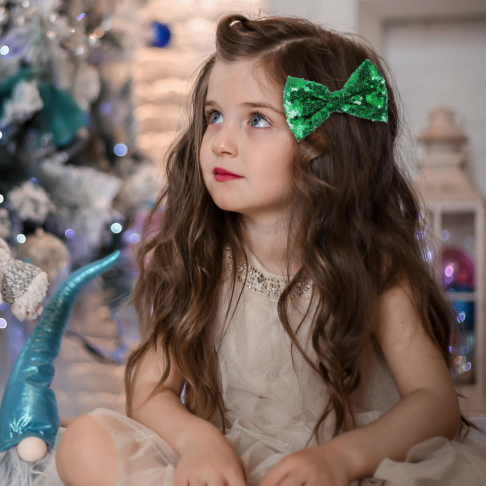 4'' Green Sparkly Glitter Sequin Hair Bows Clips For Toddler Girls Valentines Christmas Birthday Gift Party Dress Outfit Decor A
