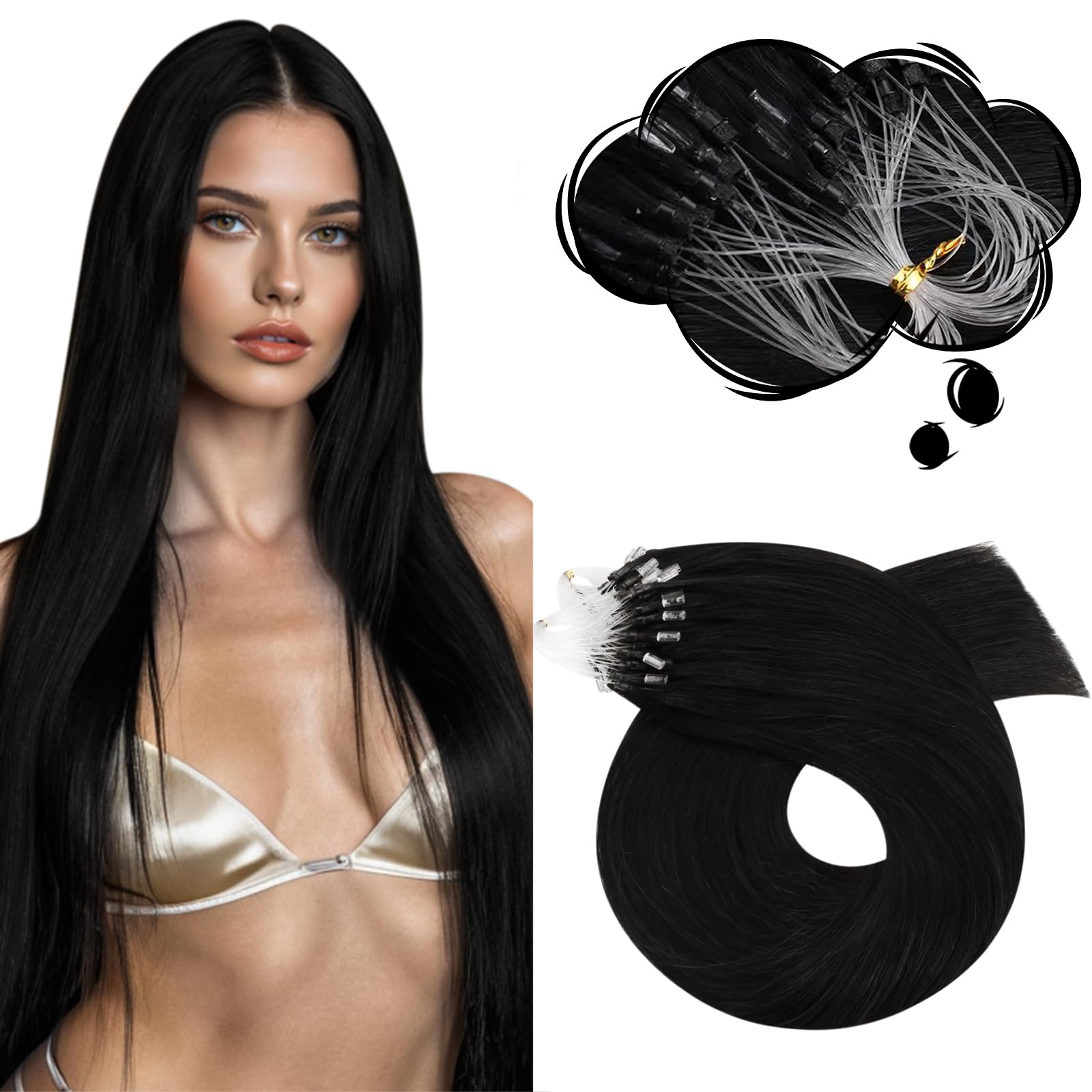 Moresoo Microlink Hair Extensions Human Hair Natural Black Micro Beads Hair Extensions Human Hair 14 Inch Straight Micro Loop Ha