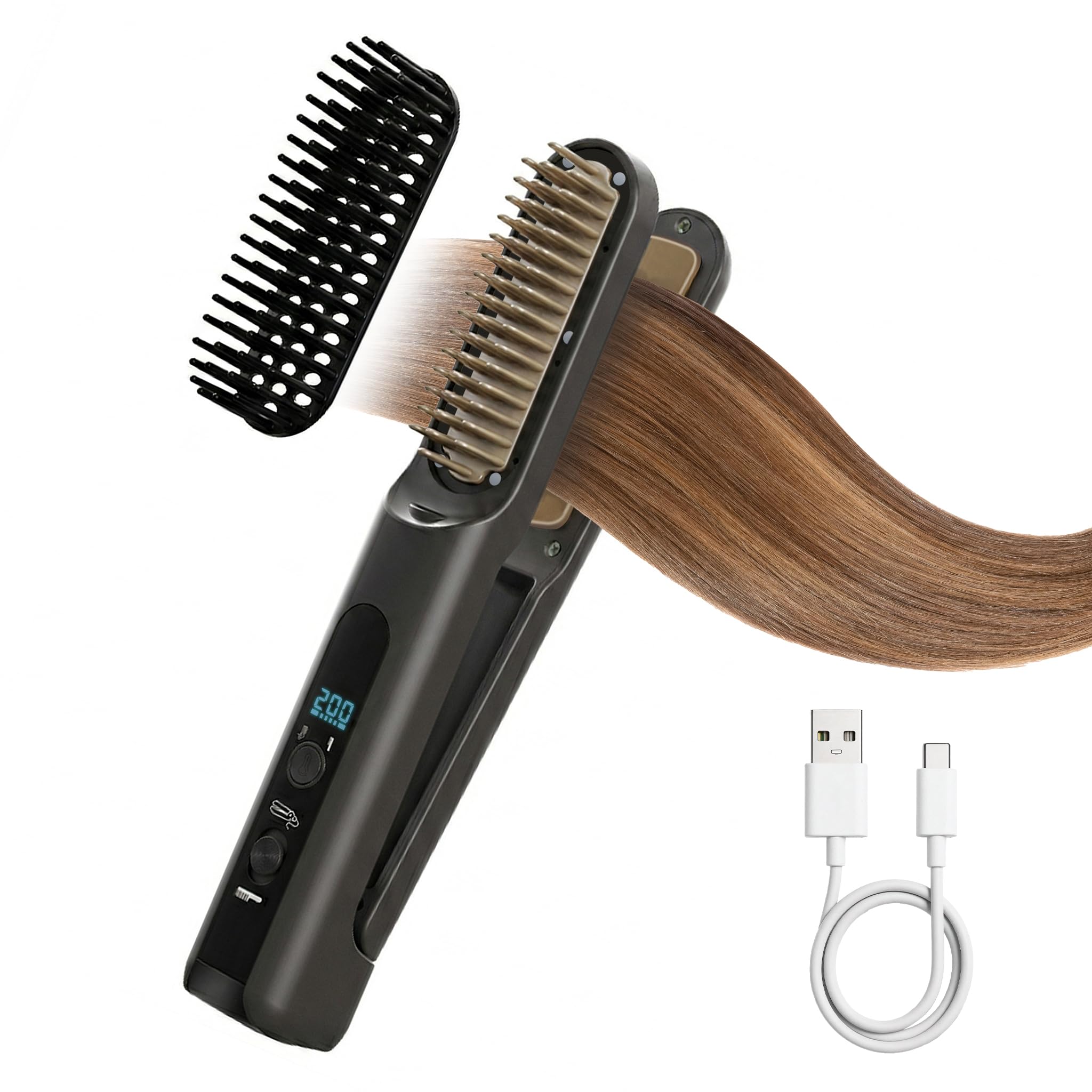 Cordless Hair Straightener Brush 2in1,Rechargeable Portable Hair Straightener & Curler Tool with 4 Temperature Settings, Removab