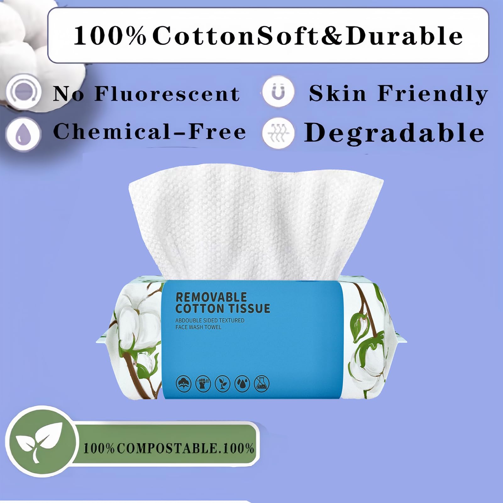 Disposable Face Towel 100 Count, Soft Cotton Clean Skin Face Towels, Dry Wipes Cotton Facial Towels Wash Cloths Tissue Thickened