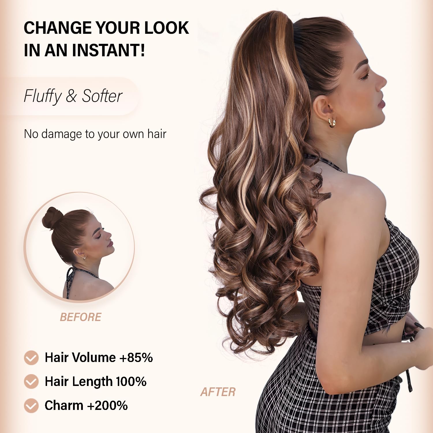 Zqian Beauty Dark Brown Ponytail Extension, 24 Inch Layered Ponytail Extensions For Women, Soft Curly Clip On Ponytails For Wome