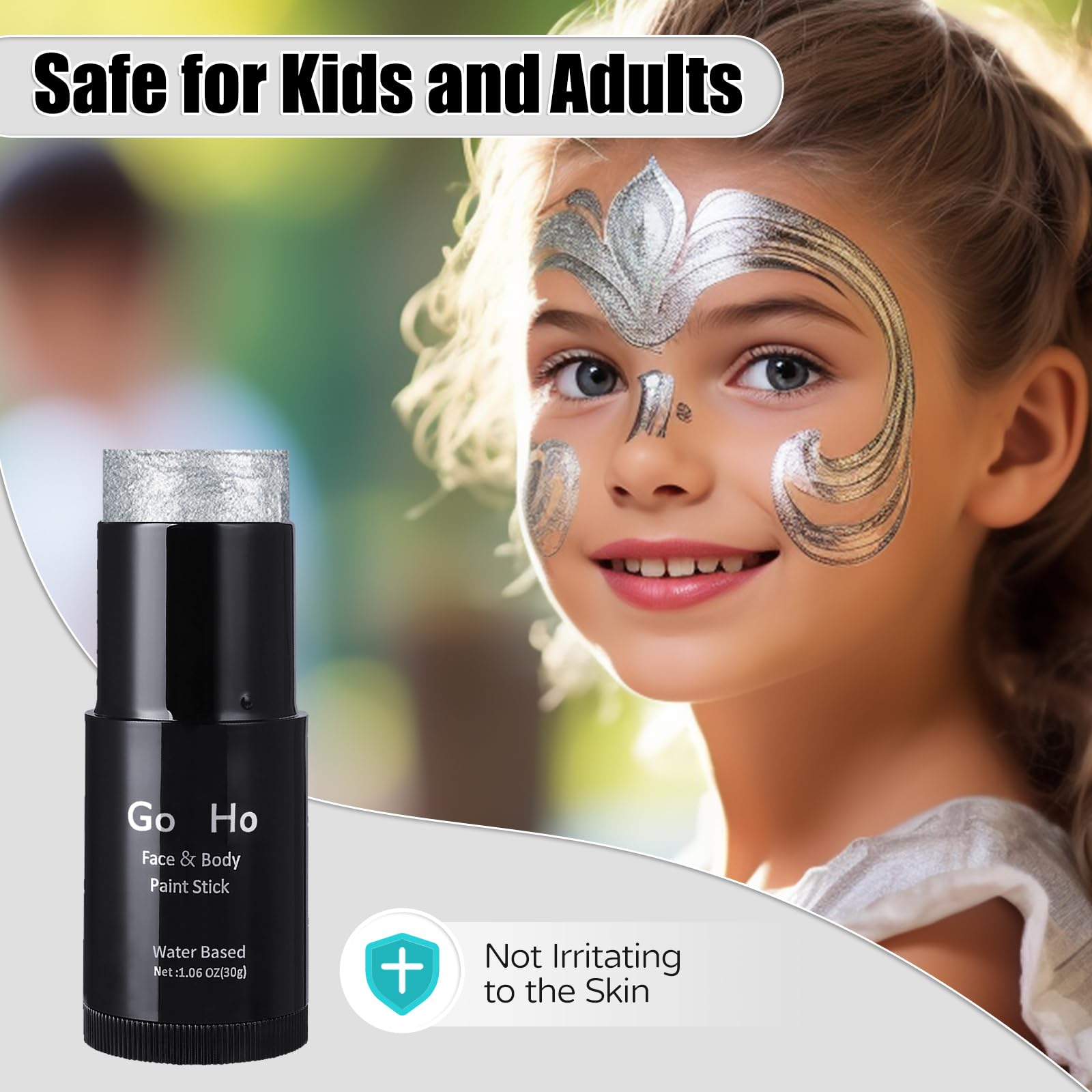 Go Ho Pearl Silver Face Body Paint Stick,Water Based Washable Silver Face Paint Stick,Non-Toxic Full-Coverage Cream Silver Body