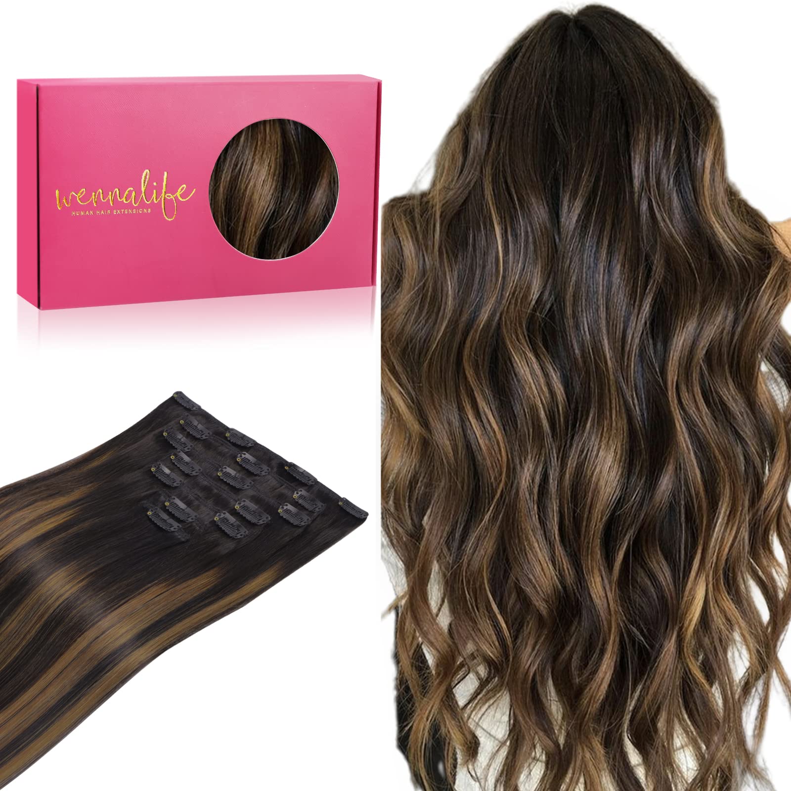Wennalife Clip In Human Hair Extensions, 16 Inch 120G 7Pcs Natural Black To Chestnut Brown Balayage Hair Extensions Clip In Huma