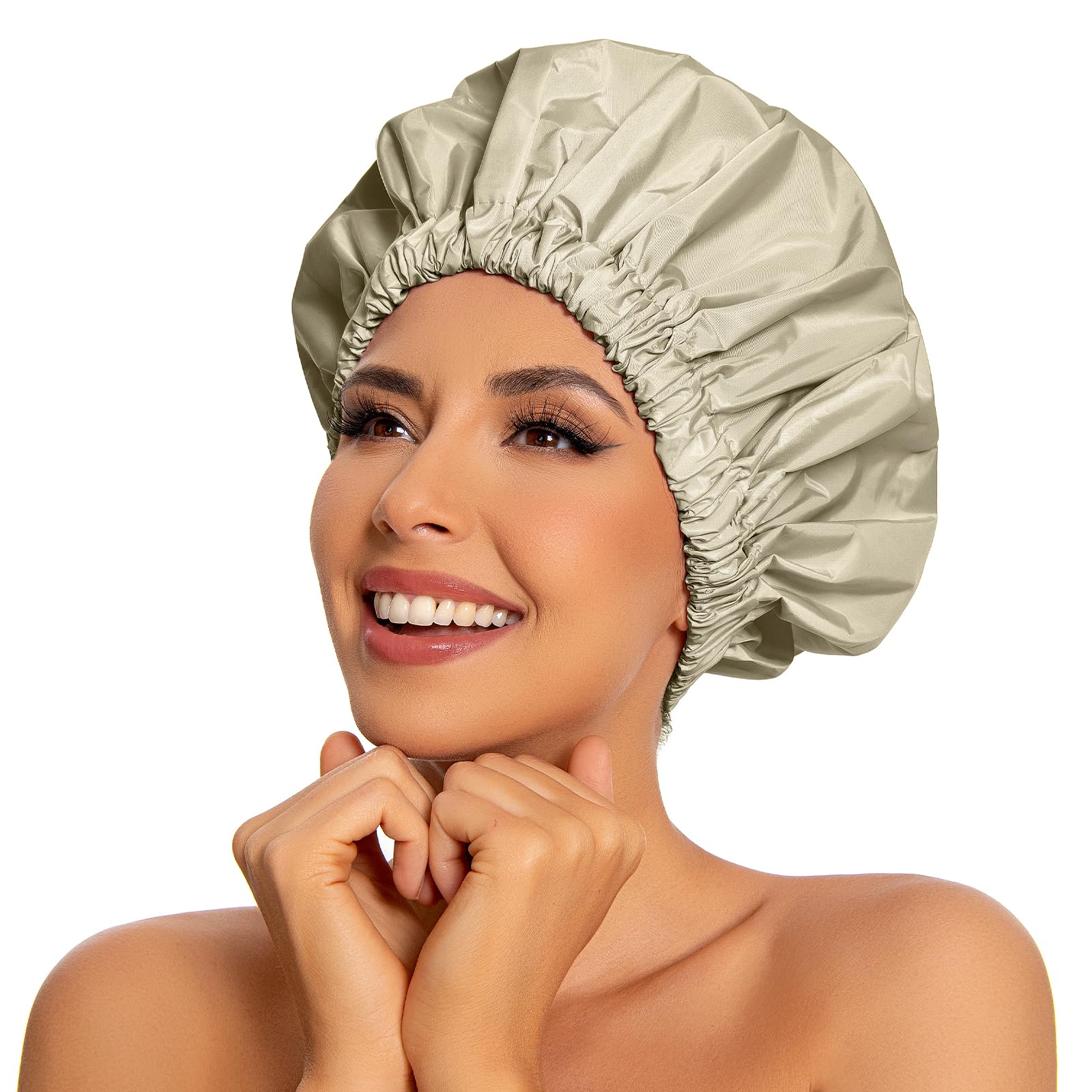 Reusable Shower Cap For Women, Large Waterproof Shower Bonnet Washable Elastic Band Bath Hair Hat For Long Hair, Braids(Gray Yel