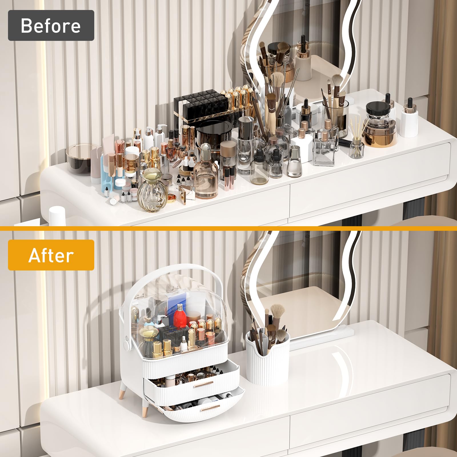 Makeup Organizer with Transparent Lid & 2 Drawers - Large Capacity Cosmetic Skincare Storage Box for Bathroom Vanity, Countertop