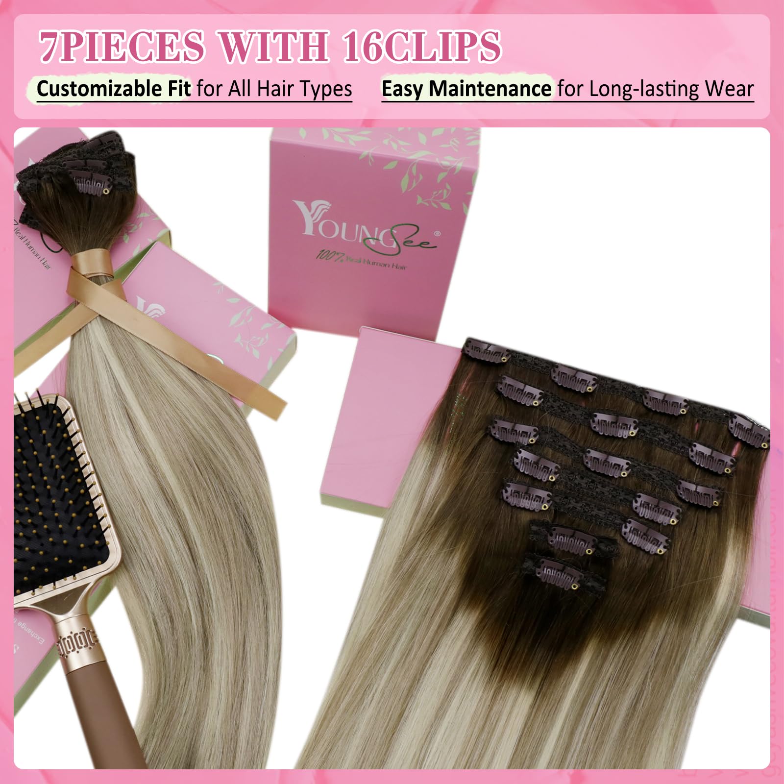 Youngsee Clip On Hair Extensions Ombre Hair Extensions Clip Ins Dark Brown Ombre Golden Blonde Mix Platinum Blonde Balayage Clip