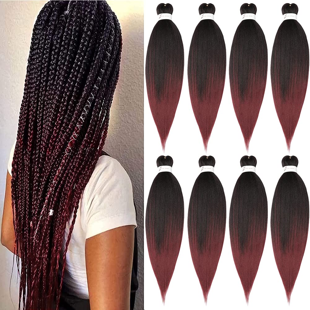 Pre-Stretched Braiding Hair Extension Ombre Black To Burgundy Professional Crochet Braiding Hair 20 Inch 8 Packs Hot Water Setti
