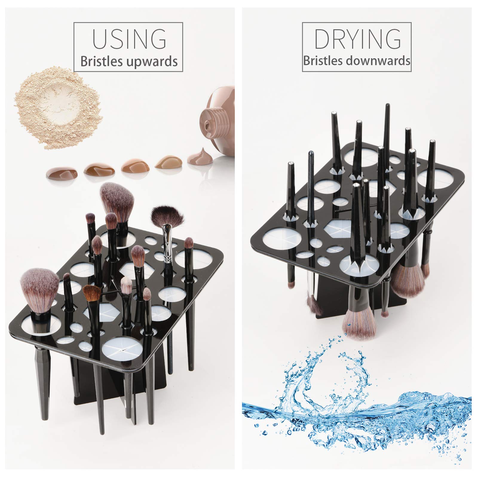 Luckyiren Makeup Brush Drying Rack - Collapsible 28 Slot Holder, Acrylic, Black, Model BRUSHRACK-28-BK