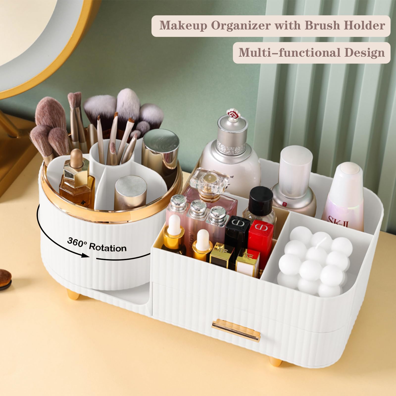 Rotating Makeup Organizer for Vanity with Brush Holder and Drawer, Cosmetic Makeup Storage, Large Spinning Makeup Skincare Organ