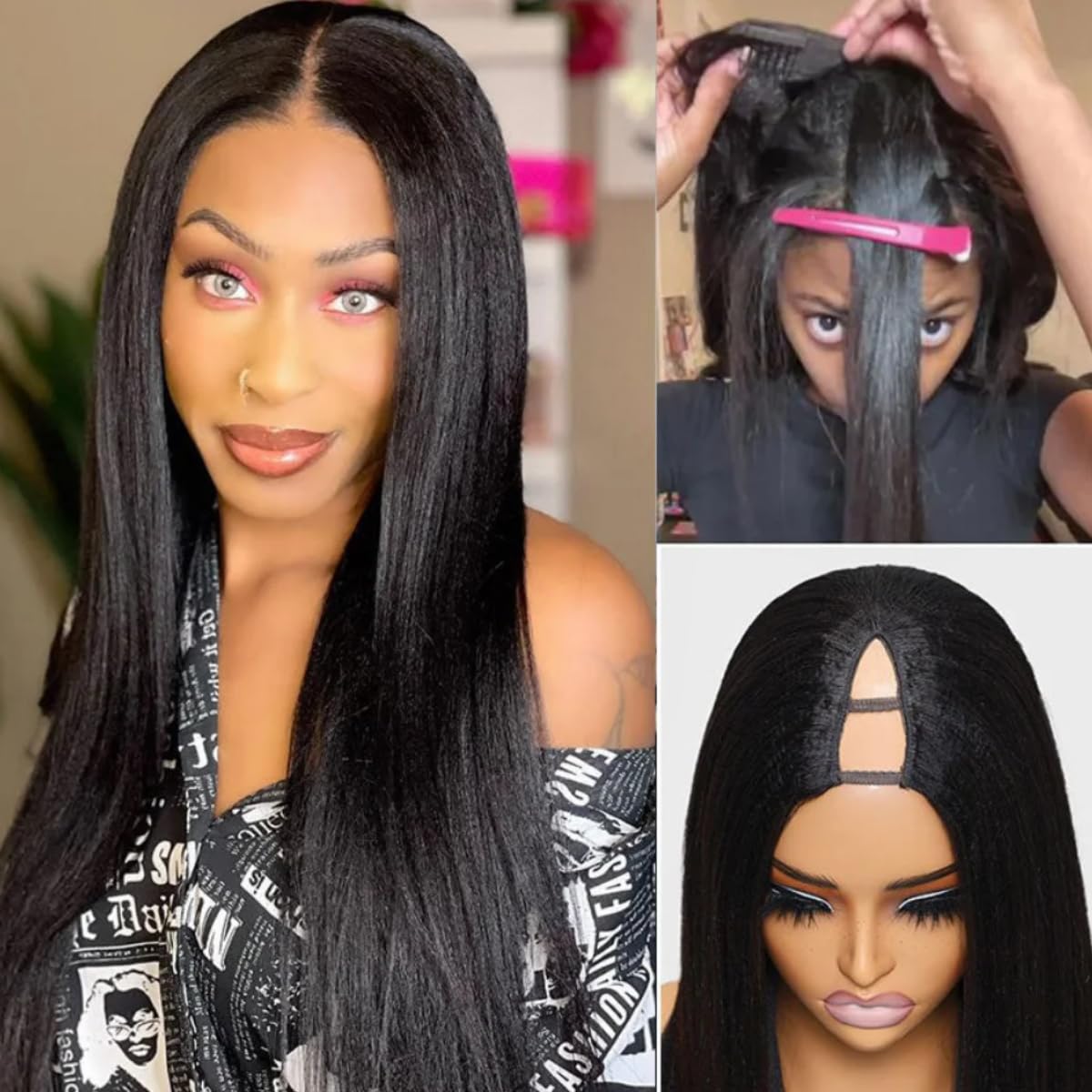 UNICE Kinky Straight V Part Wig - 20 Inch Human Hair, No Glue, Beginner Friendly, V-Part Black Wig