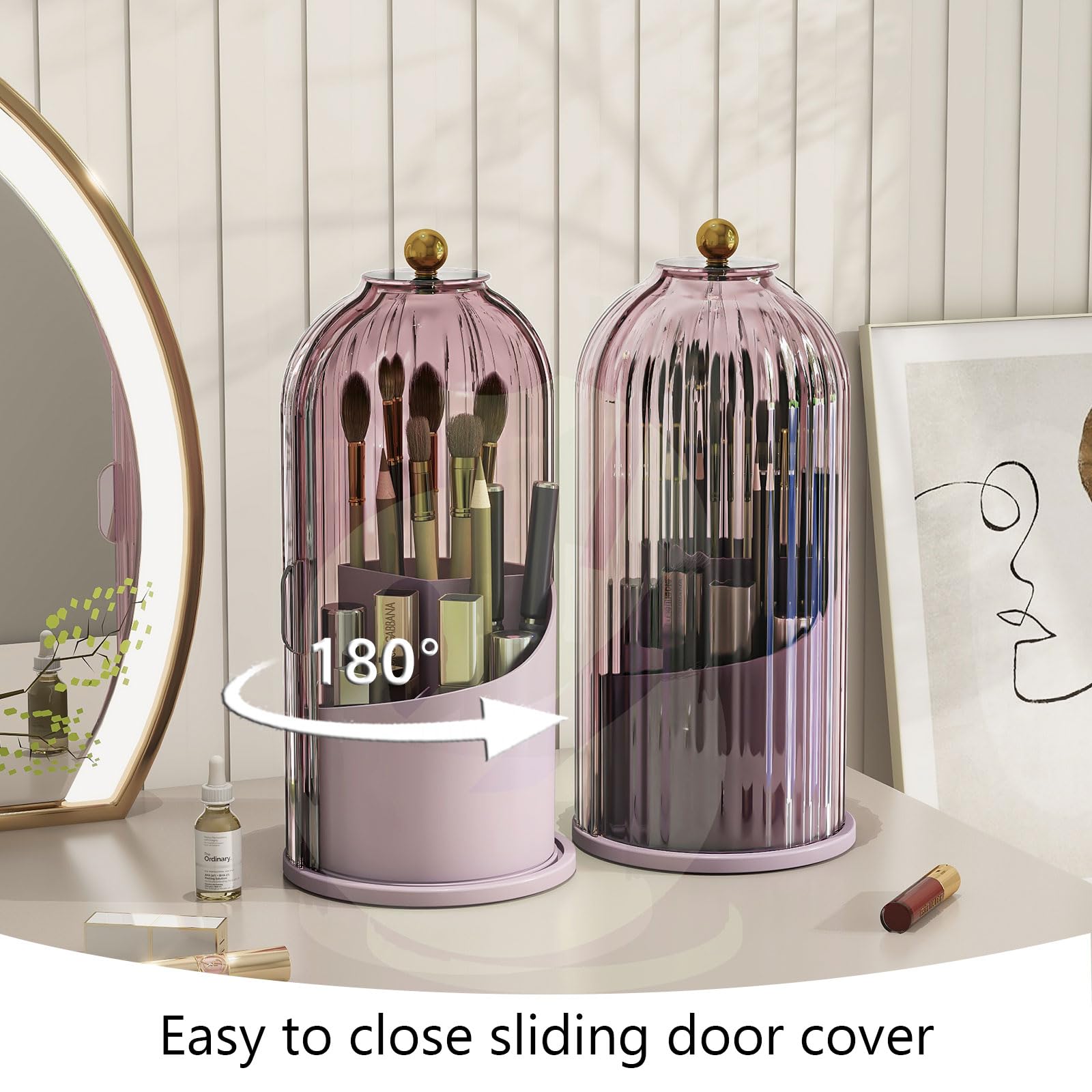 Emljkvp Makeup Brush Holder With Dustproof Cover 360 Rotating Makeup Brush Organizer For Vanity Bathroom, Pink