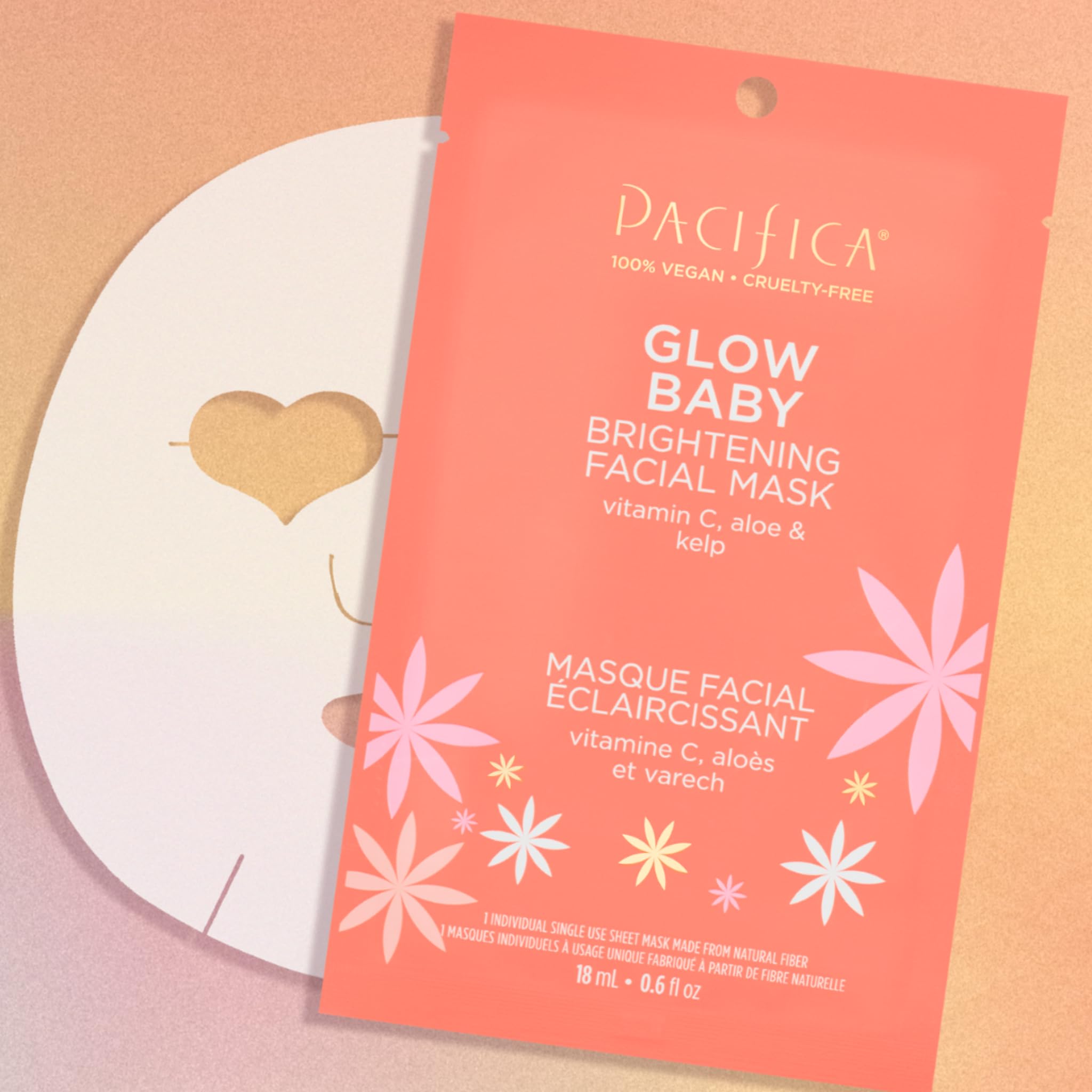Pacifica Beauty Glow Baby Brightening Facial Mask, Skincare, Sheet Mask, Vitamin C, Aloe, Kelp, Dark Spots, Fine Lines, Cooling