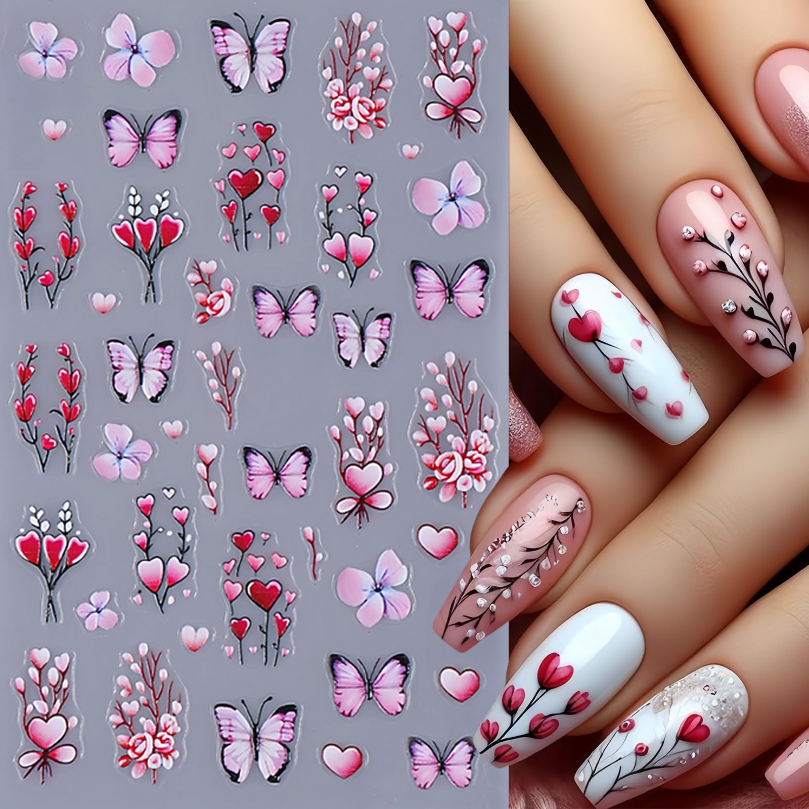 4Sheets Valentines Day Heart Nail Stickers 3D Self-Adhesive Red Valentines Love Nail Art Decals Love Angel Valentine Rose Nail D
