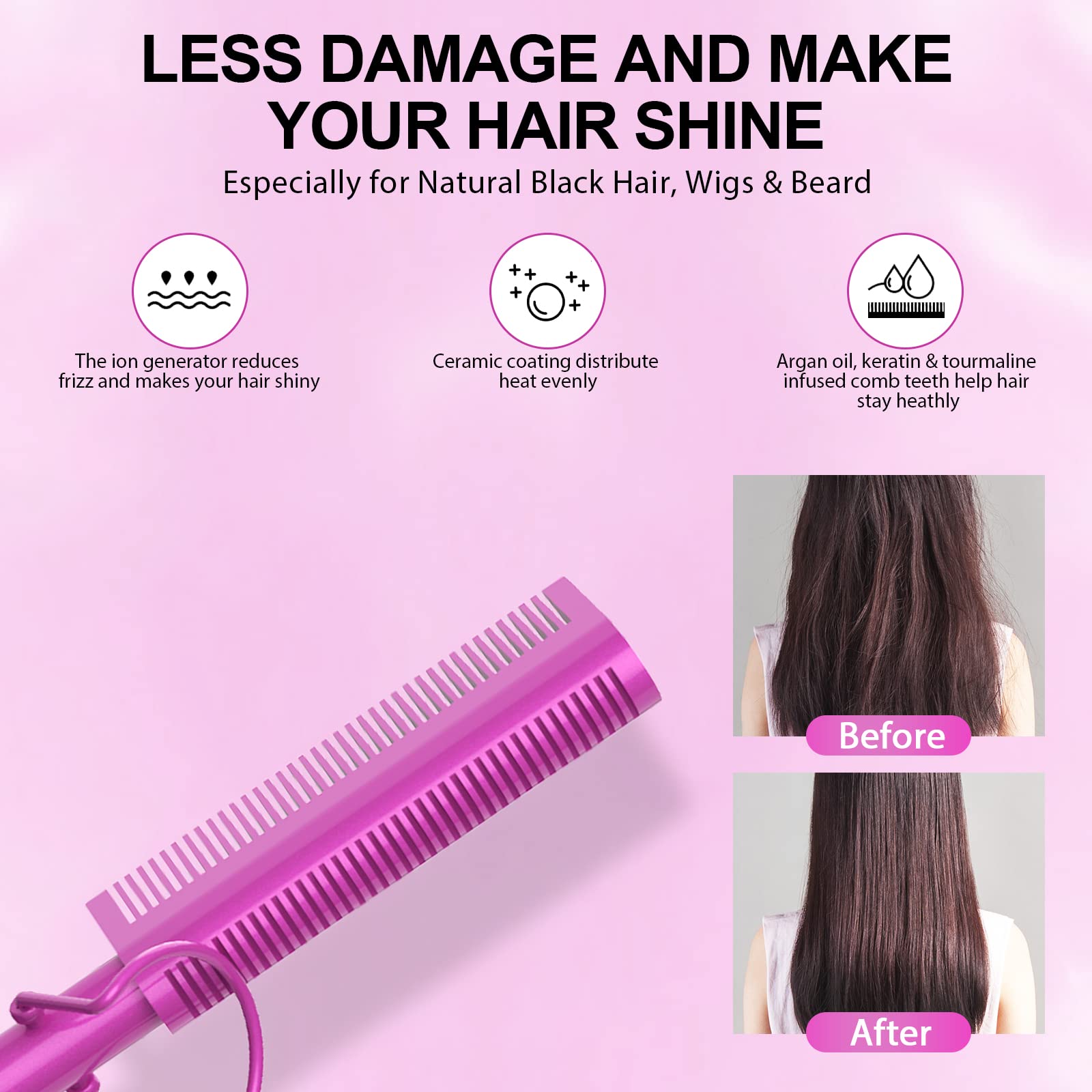 2 in 1 Hot Comb Hair Straightener for Wigs, Black Hair & Beard, Anti-Scald Straightening Comb with Keratin & Argan Oil Infused T