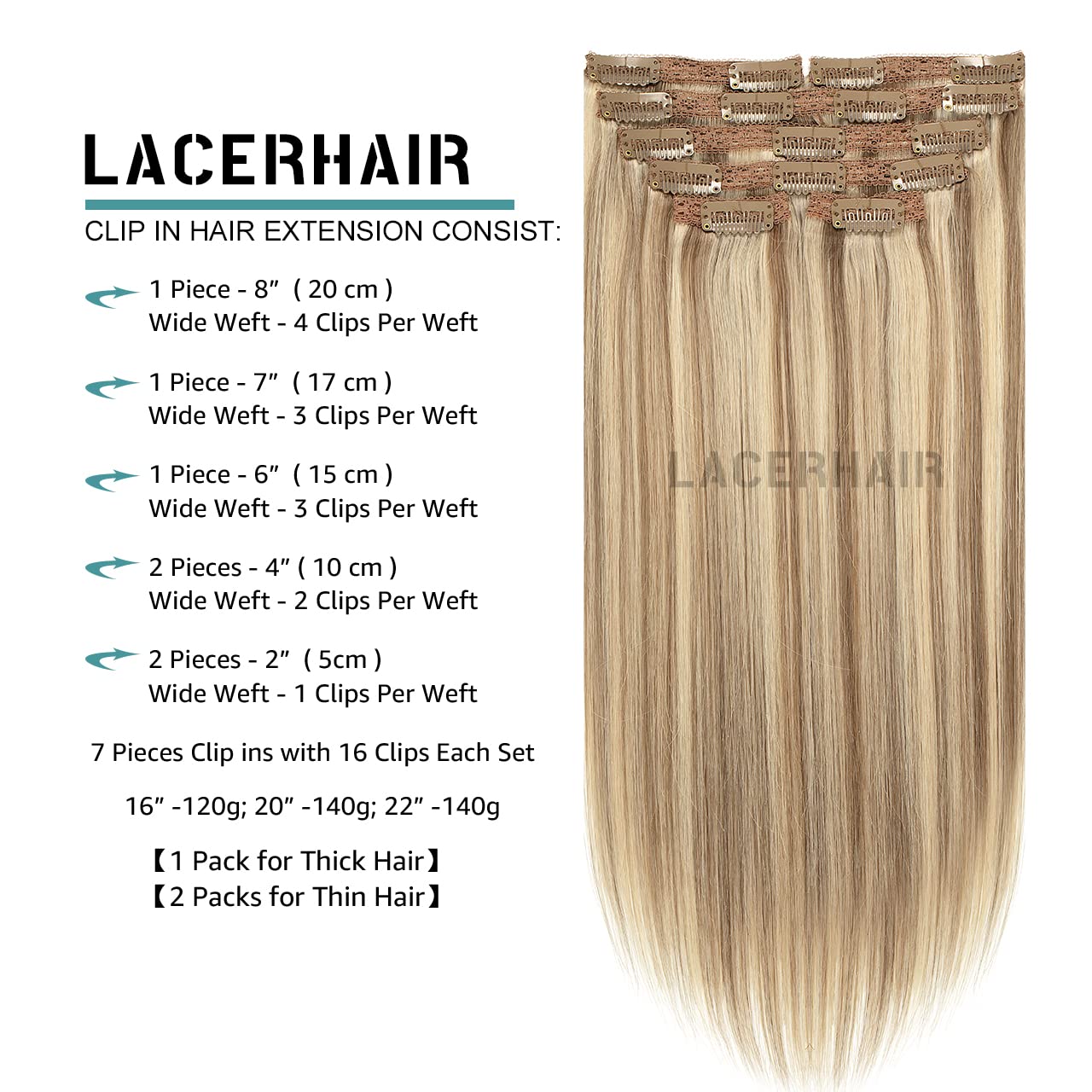 Lacer Hair Hair Extensions Clip In Human Hair Thick Straight Hair Light Brown Highlights Platinum Blonde Color Clip On Real Hair