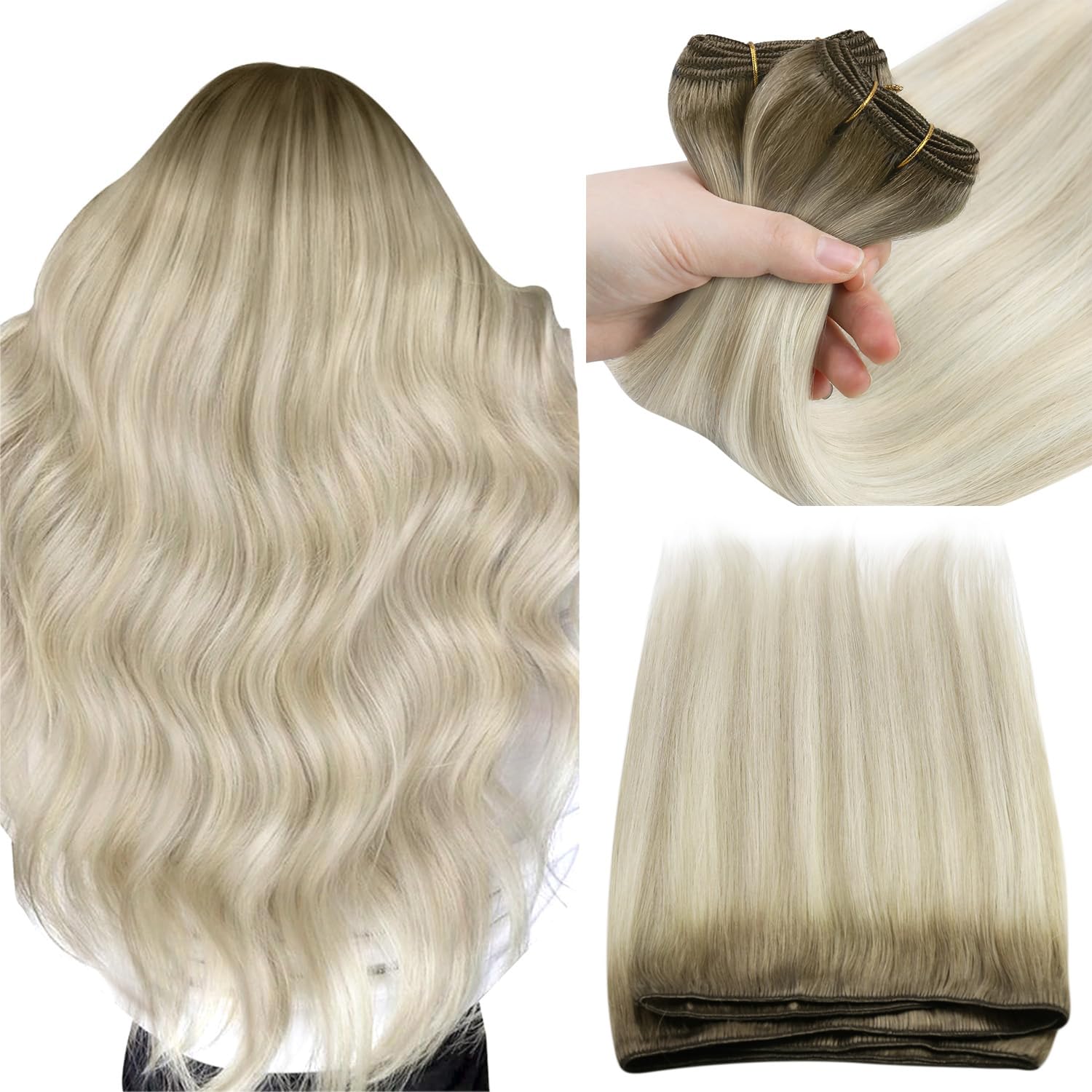 Sunny Weft Hair Extensions Ombre Real Human Hair Extensions Sew in Blonde Weft Hair Extensions Human Hair Ash Blonde Roots Ombre