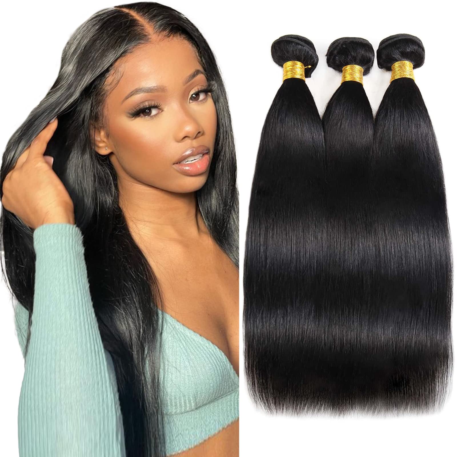 Straight Bundles Human Hair (16 18 20 Inch) Human Hair 3 Bundles Brazilian Virgin Remy Black Hair Bundles Double Weft 100% Unpro