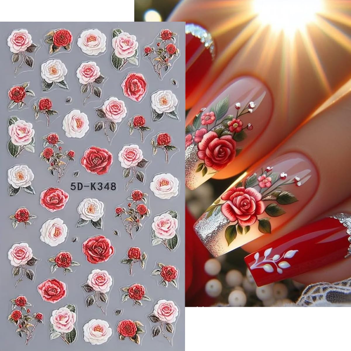 Flower Nail Art Stickers 5D Embossed Rose Flowers Nail Decals 4Pcs Black Red Pink Rose Floral Valentines Nails Design Self-Adhes