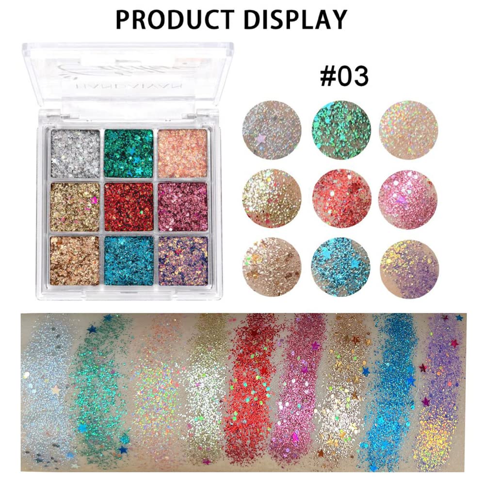 Yeweian Glitter Eyeshadow Palette, Shimmer Purple Pink Blue Colorful Eyeshadow Palette, Lip Face Eye Glitter Makeup, Lasting Wat