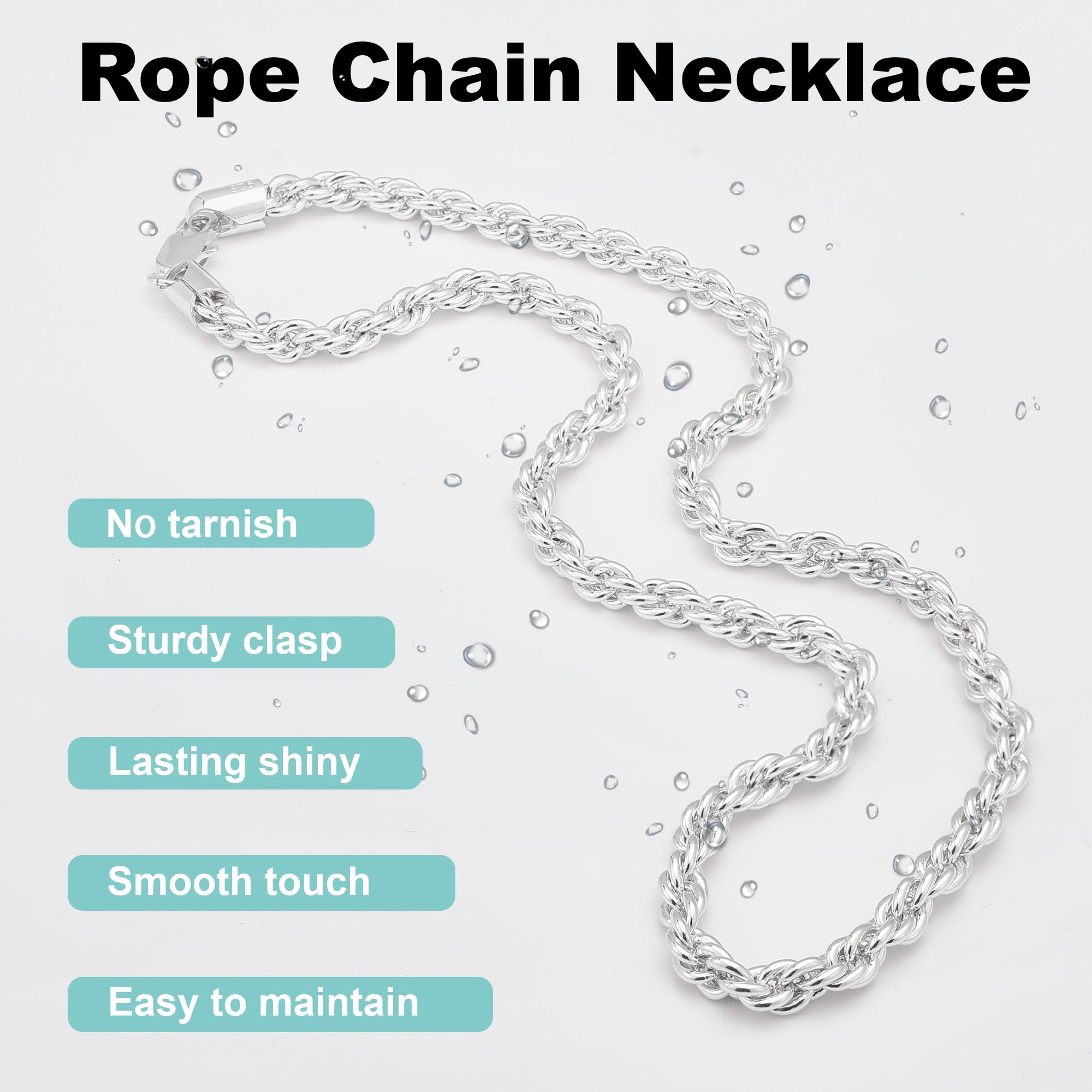 Waitsoul 925 Sterling Silver Lobster Clasp 4mm Necklace for Men and Women Rope Chain Silver Necklace Chain Diamond Cut 16-30 Inc