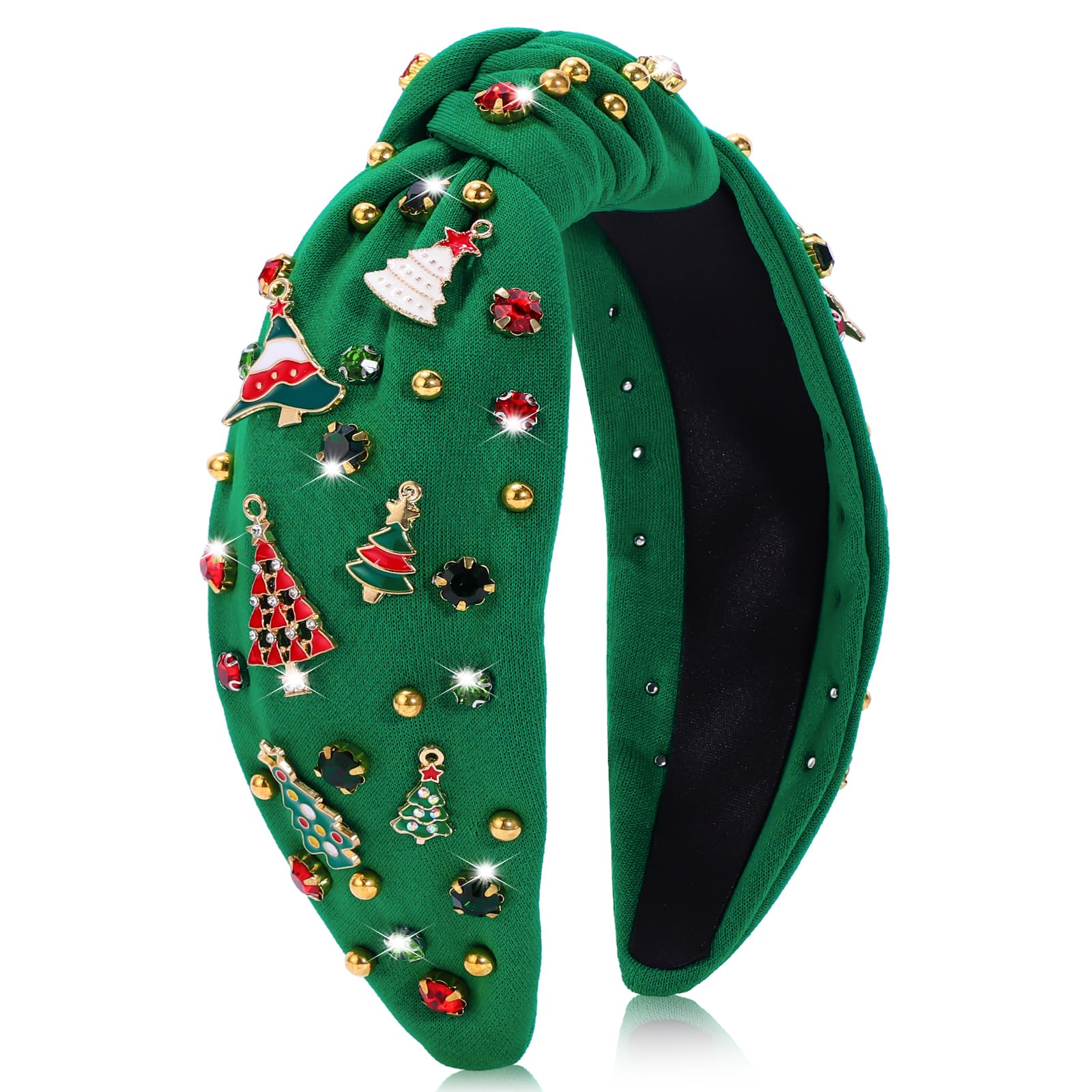 obeoby Christmas Headband for Women, Knotted Headband with Christmas Tree Crystal Pearl Snowflake Decorations Holiday Christmas 