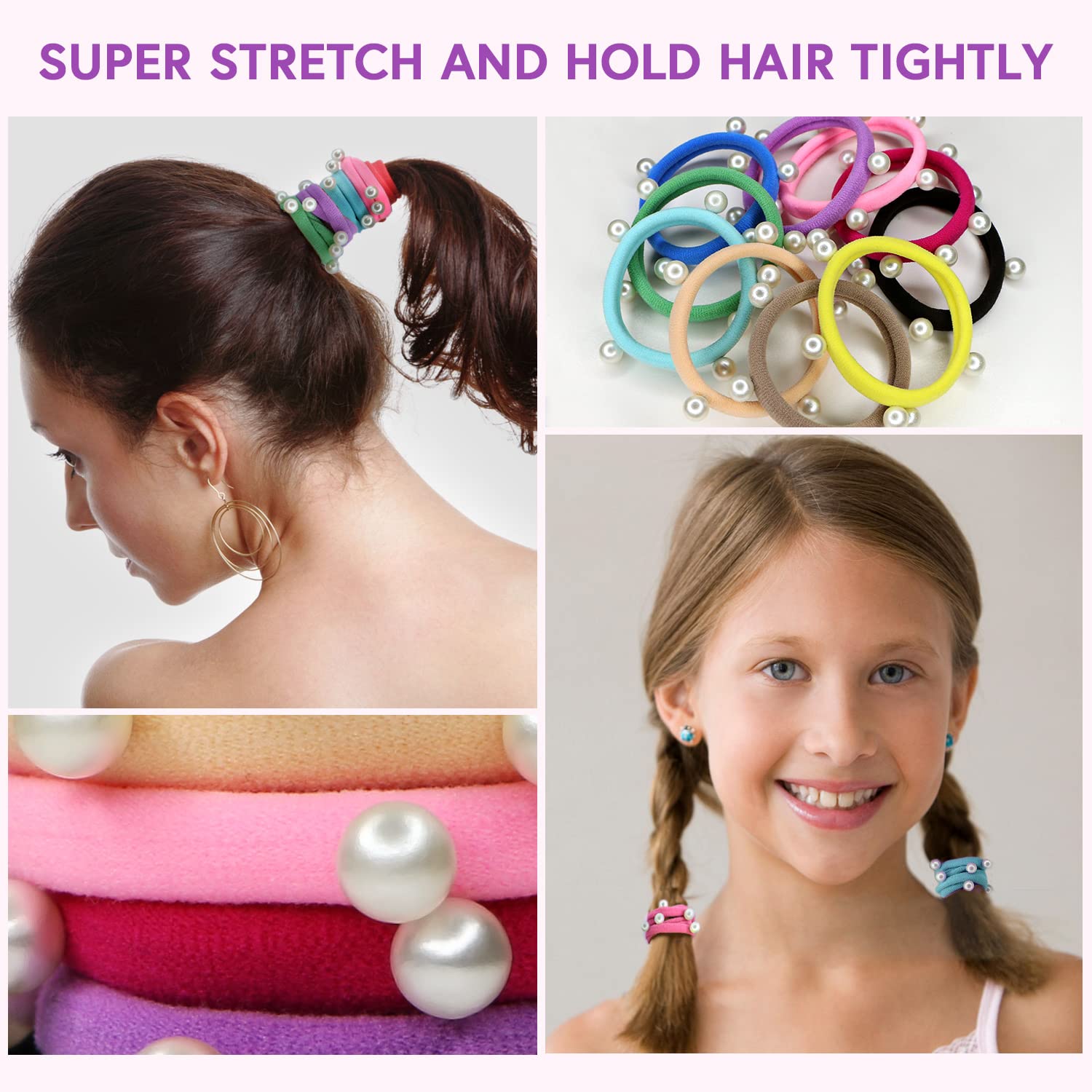 MARY LAVENDER Stretch Hair Ties with Pearls for All Hair Types 10 Colors No Break Hair Elastics Ponytail Holders Hair Scrunchies