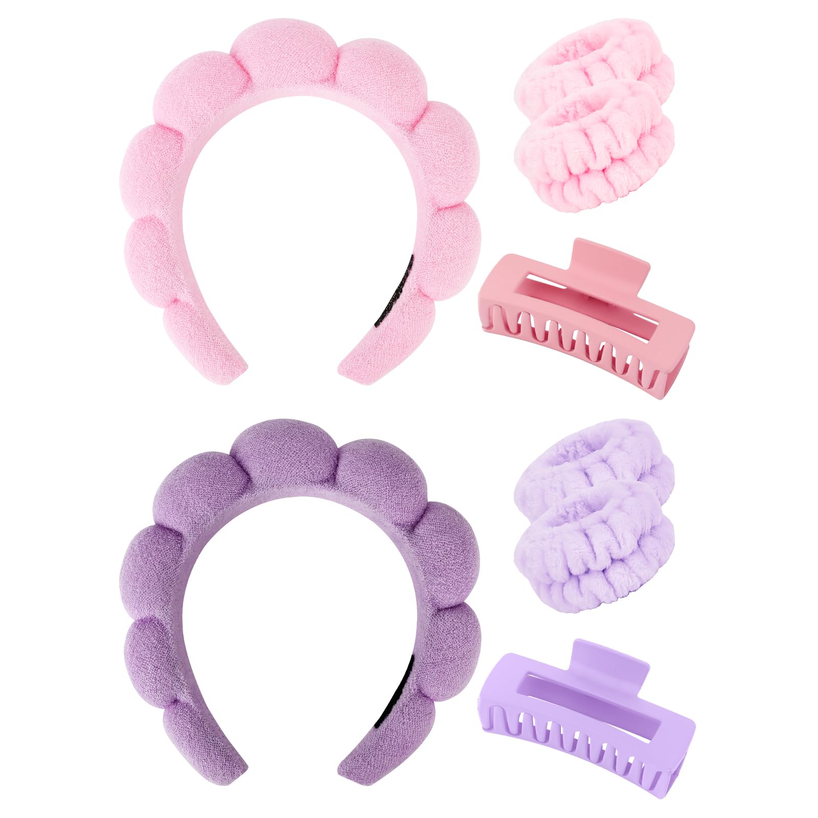 Wecoe Pink Purple Spa Headband And Wristband Set Skincare Headband For Washing Face Hair Claw Clips For Thick Hair Cute Puffy Sp