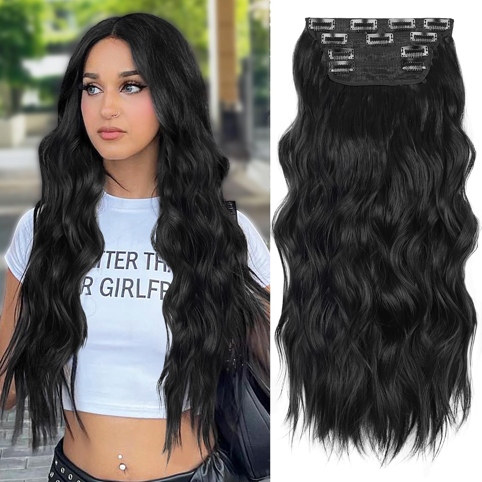 ALXNAN Clip in Hair Extension,Long Wavy Hair Extensions 20 Inch Black 4PCS Thick Hairpieces for Women