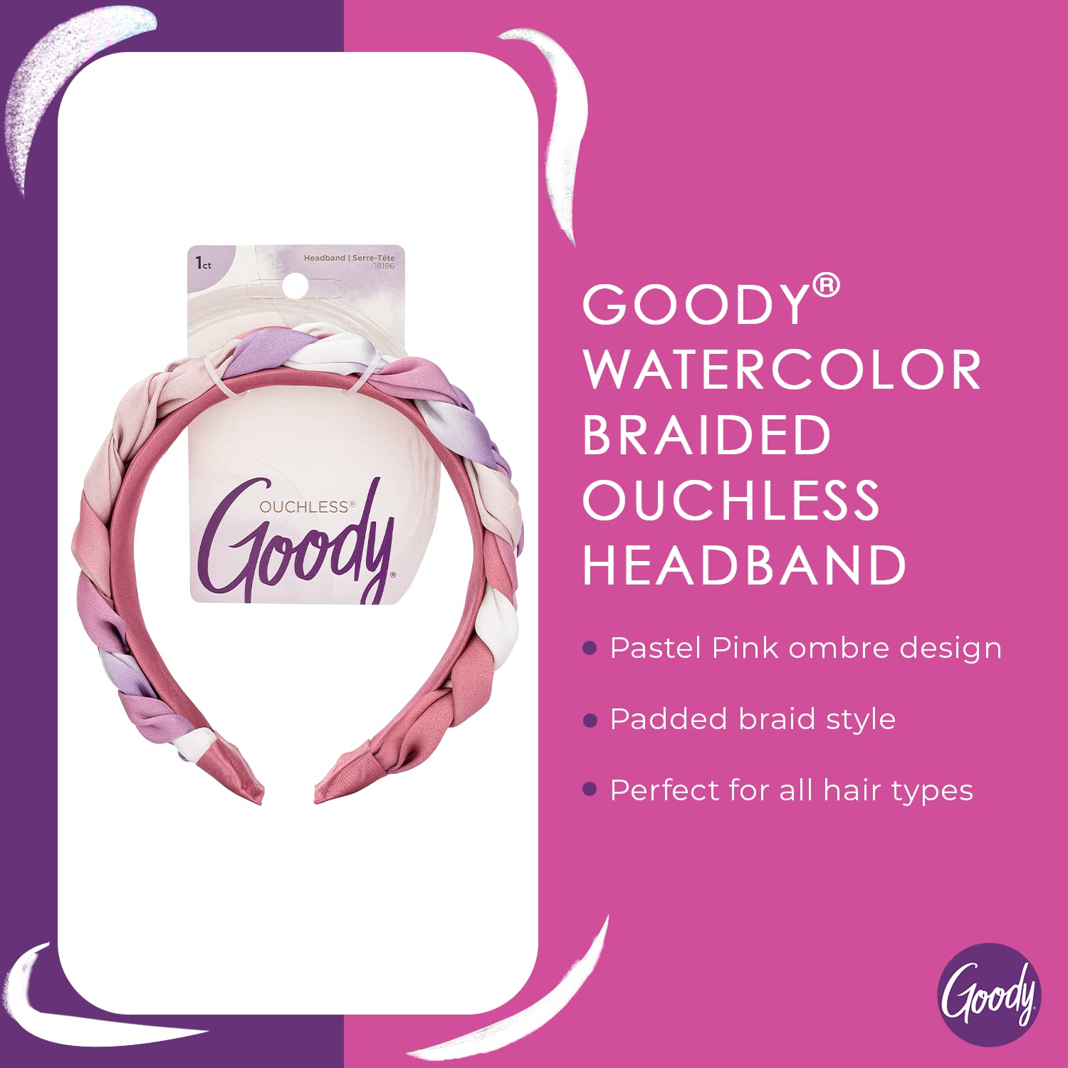 Goody Ouchless Headband For All Hair Types - Watercolor, Pink - Comfort Fit For All-Day Wear - Beautiful Design For Instant Styl