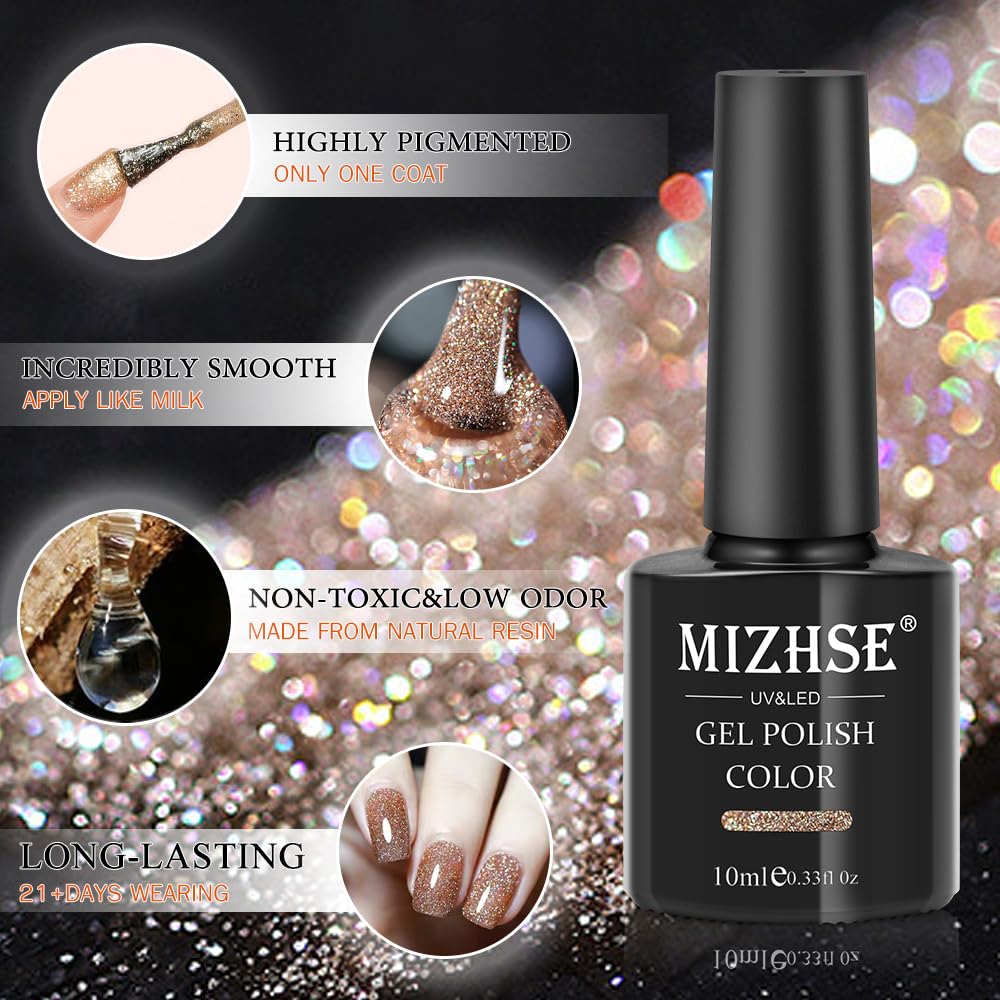 Mizhse Reflective Gel Nail Polish, Glitter Gold Gel Polish Sparkly Shiny Nail Gel Soak Off Uv/Led Lamp Nail Art Varnish For Begi