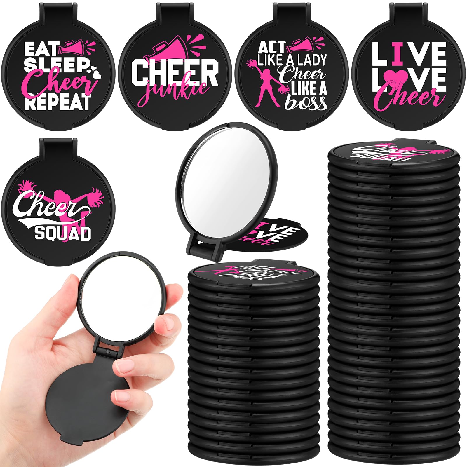 Wenqik 50 Pcs Cheerleader Mirror Gifts Cheerleading Compact Mirror Bulk Folding Pocket Mirror Cheer Party Favors For Team(Black